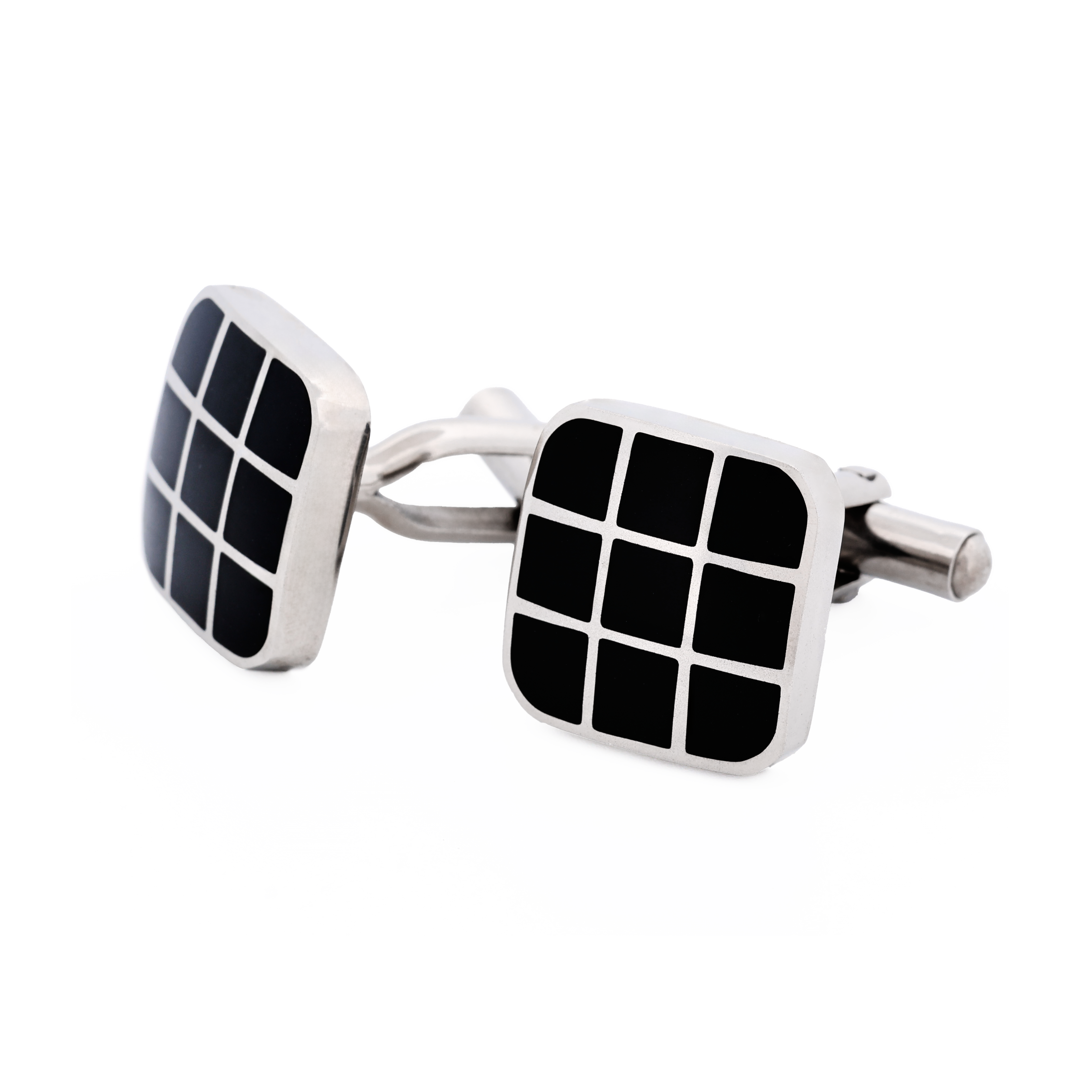 Polished Cushion-Shape Stainless Steel with Black Enamel Grid Cufflinks