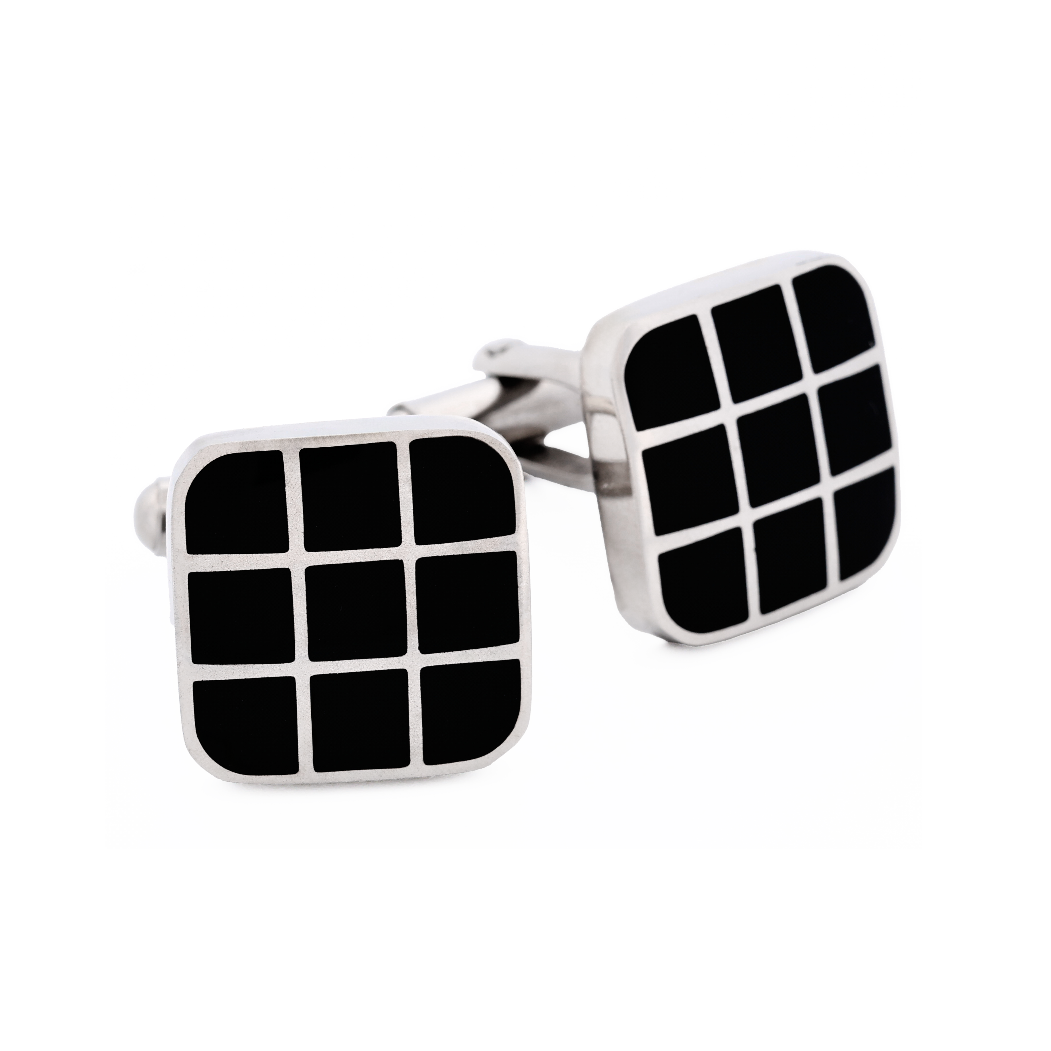 Polished Cushion-Shape Stainless Steel with Black Enamel Grid Cufflinks