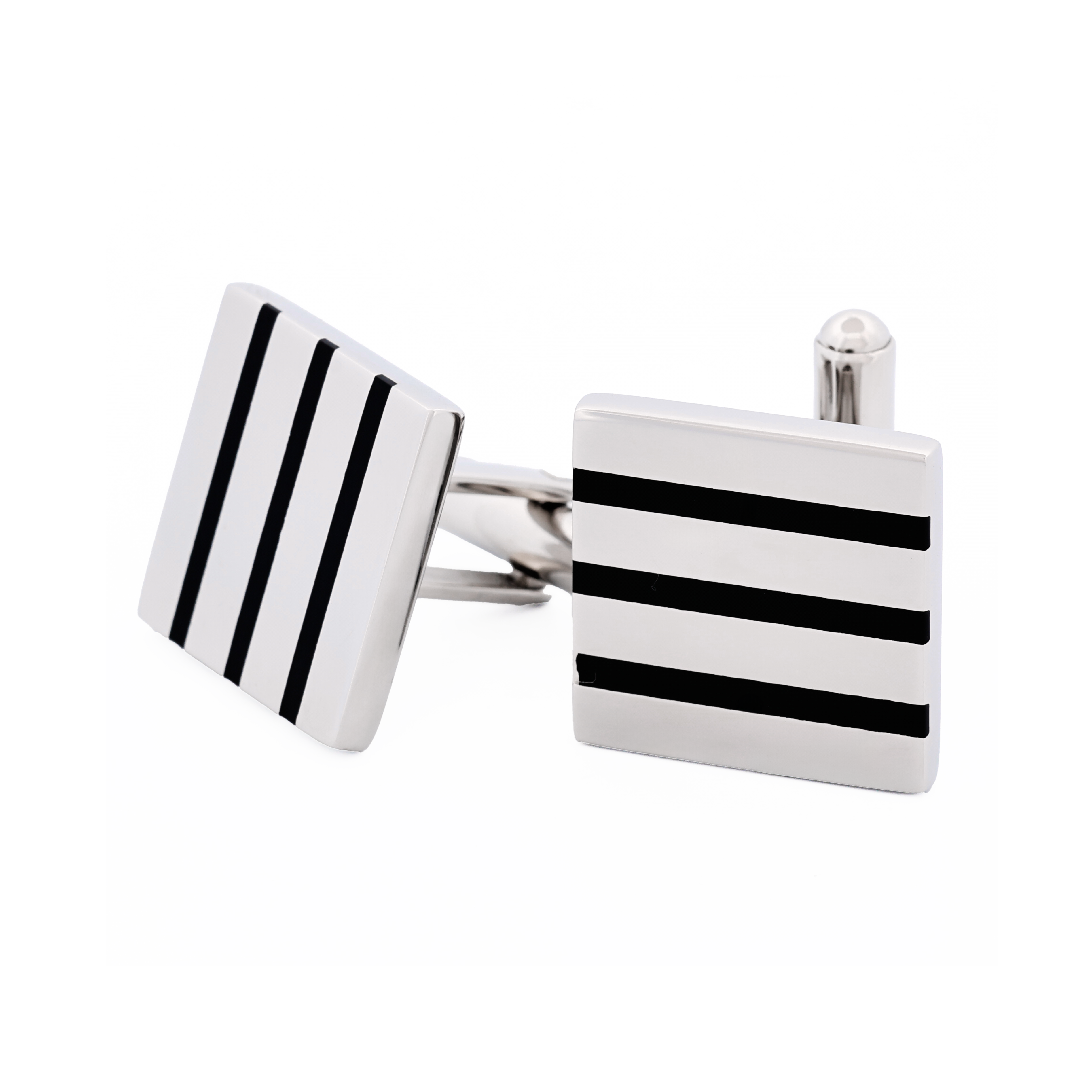 Polished Square Stainless Steel Cufflinks with Black Enamel Stripes