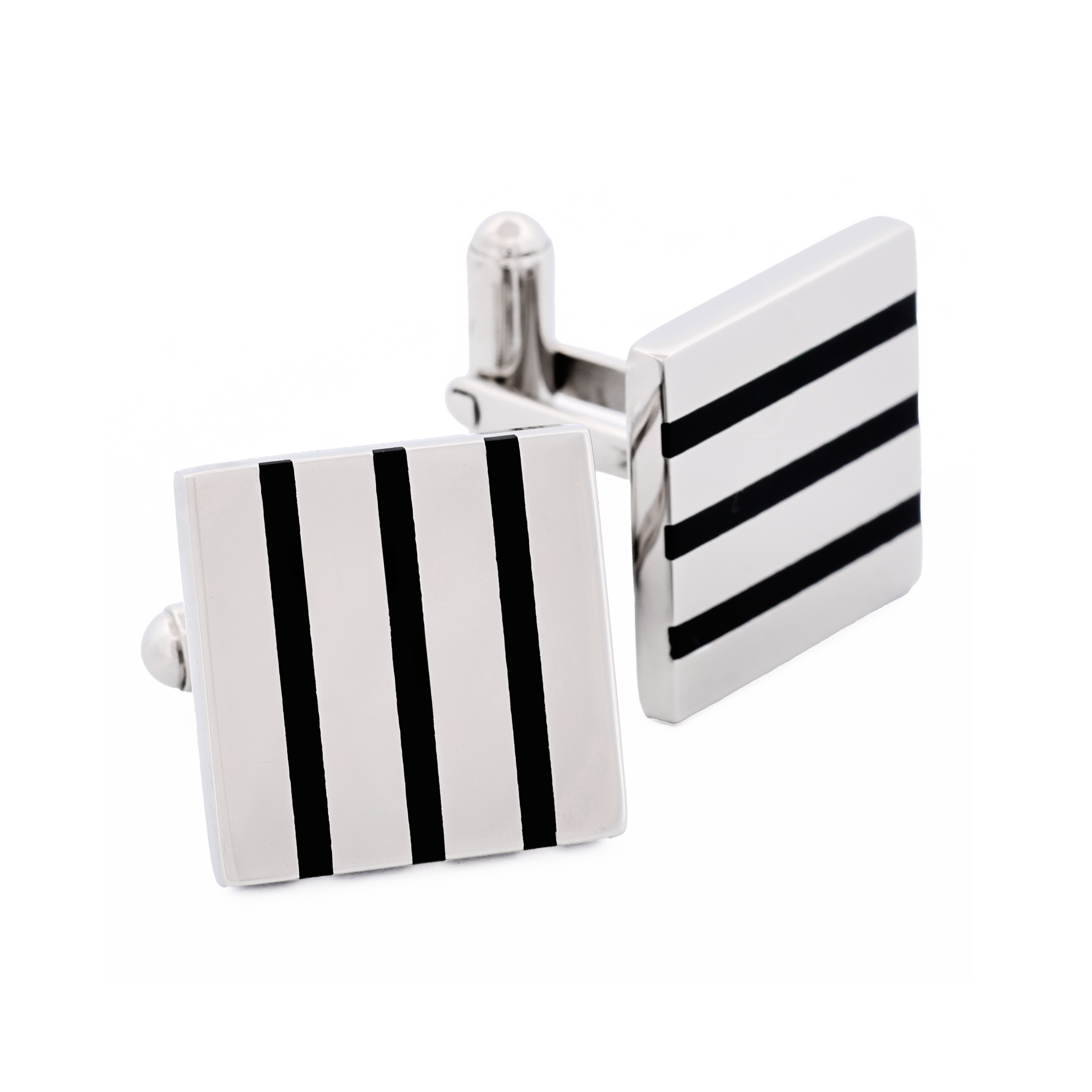 Polished Square Stainless Steel Cufflinks with Black Enamel Stripes
