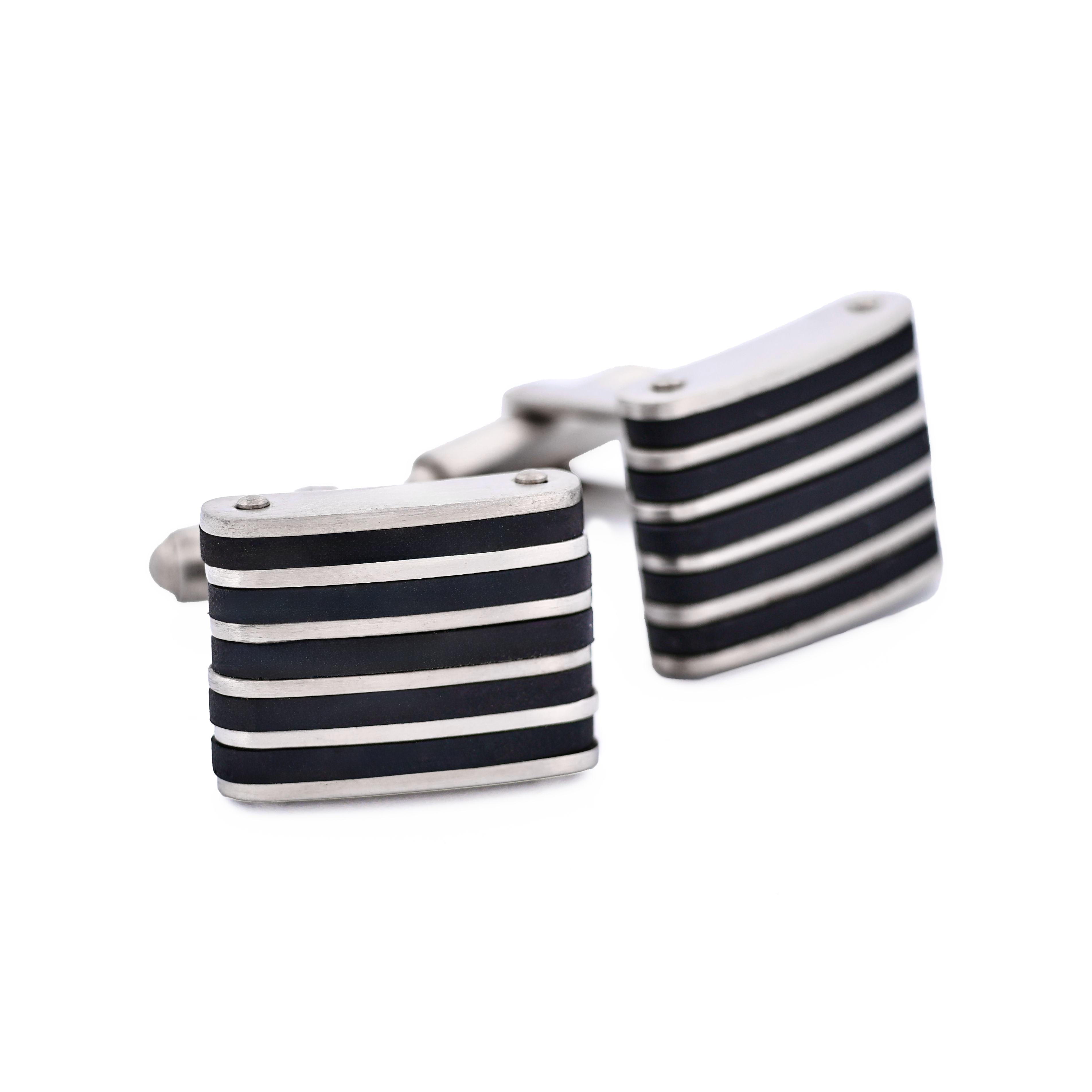 Stainless Steel & Black Rubber Striped Cufflinks