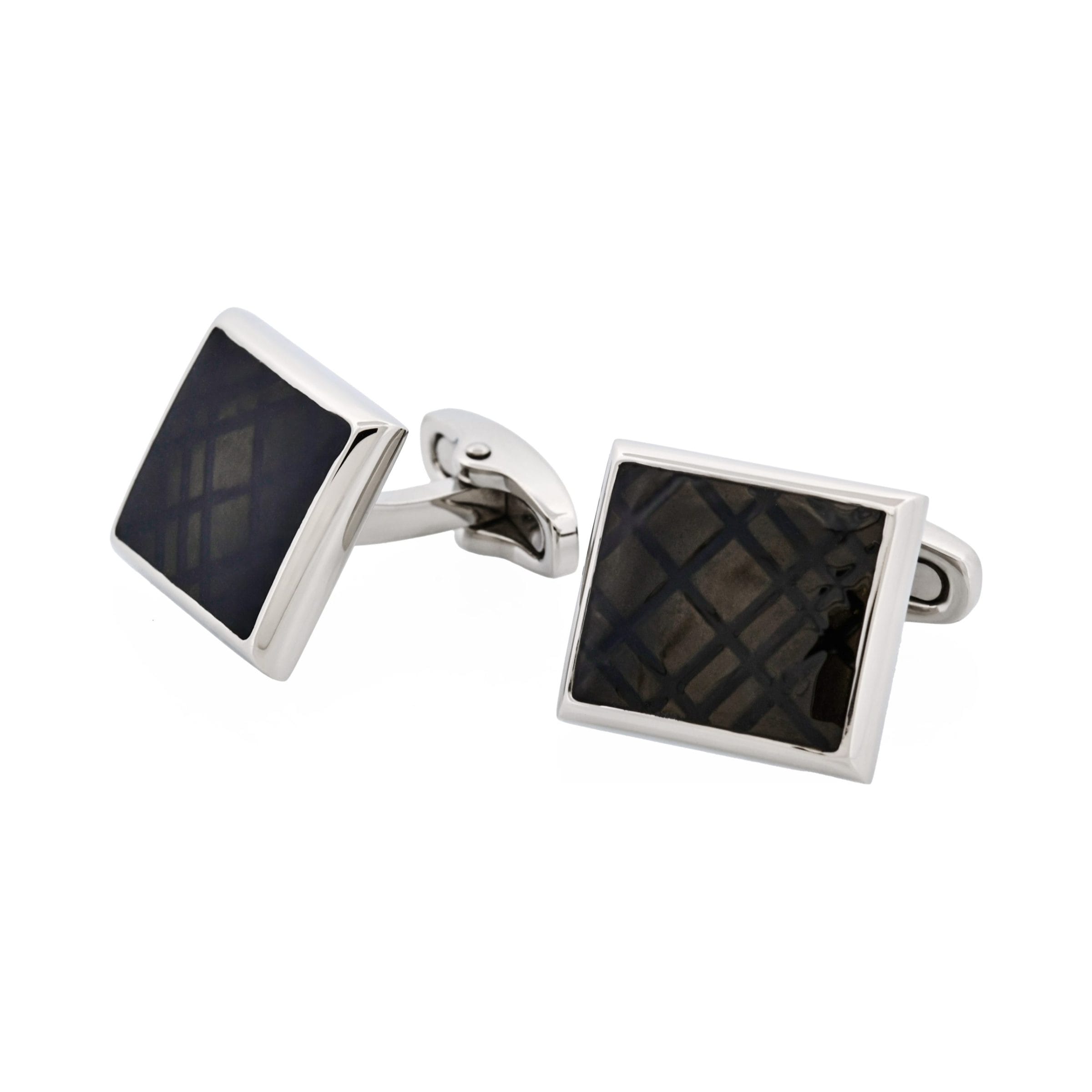 Stainless Steel & Black Enamel Check Cufflinks