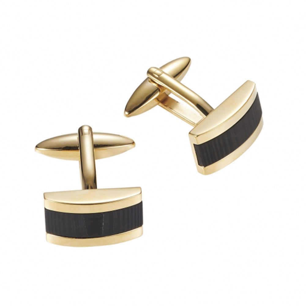 Ion Plated Polished Yellow Gold Cufflinks with Wood Patterned Carbon Fibre Inlay