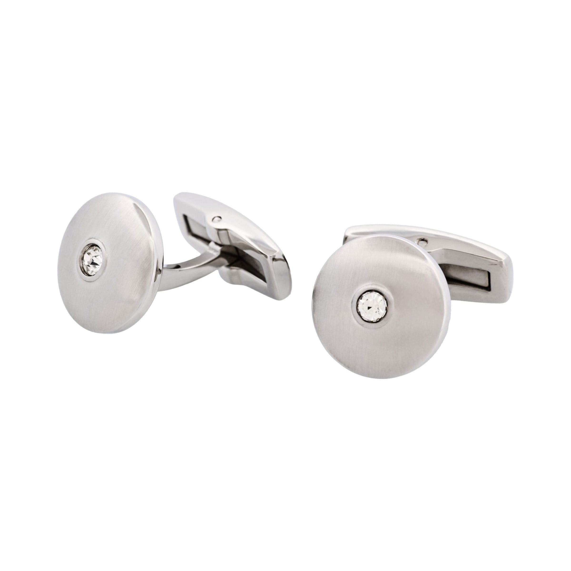 Round Brushed Stainless Steel with Cubic Zirconia Cuff Links