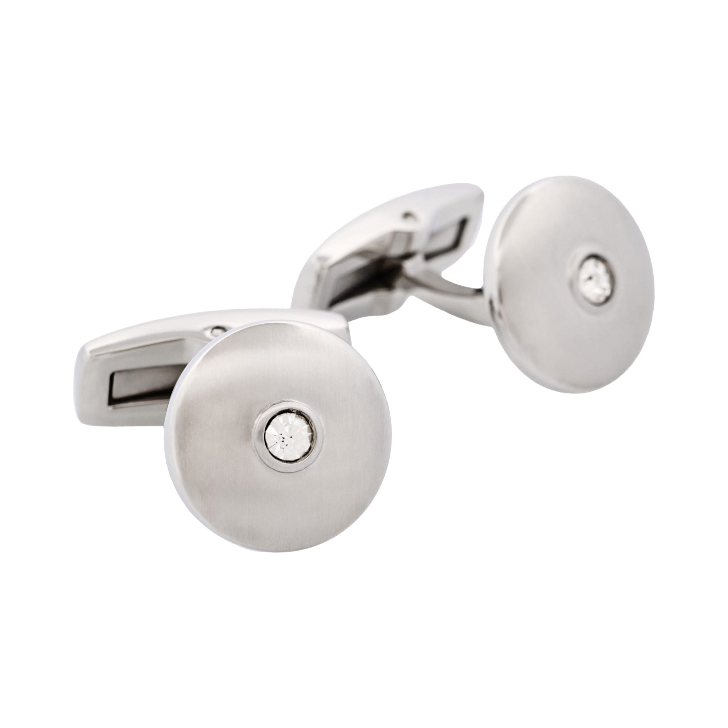 Round Brushed Stainless Steel with Cubic Zirconia Cuff Links