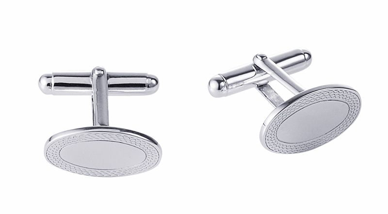 Polished Rhodium Plated Sterling Silver Oval Cufflinks with Engine Turn Frame
