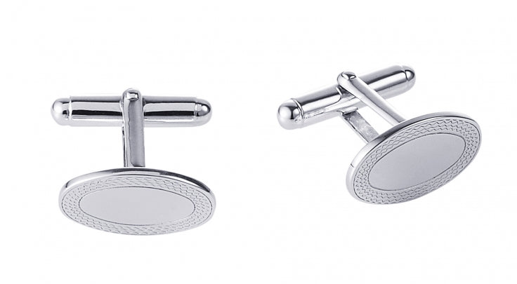 Polished Rhodium Plated Sterling Silver Oval Cufflinks with Engine Turn Frame
