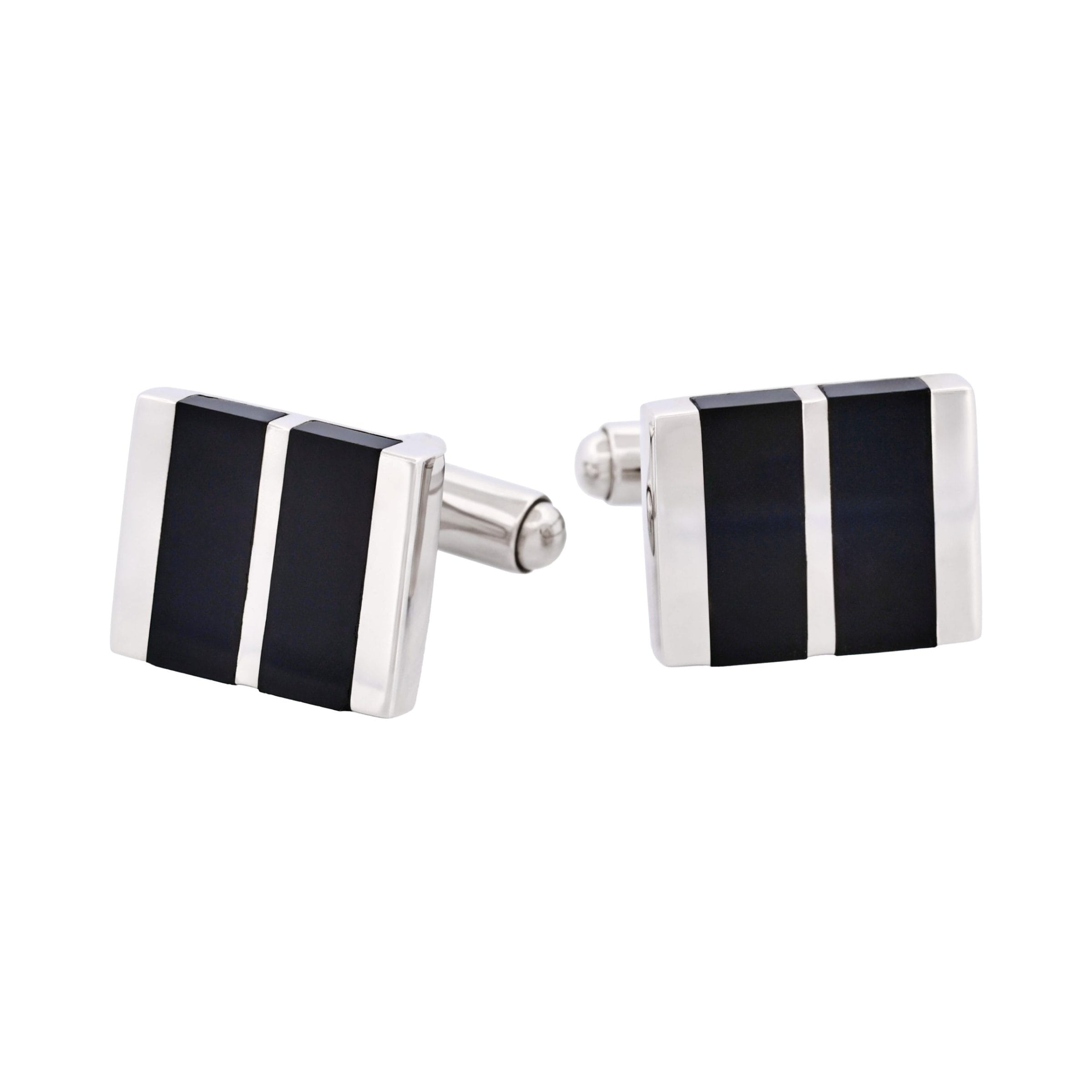 Polished Rhodium Plated Sterling Silver Cufflinks with Double Onyx Inlays