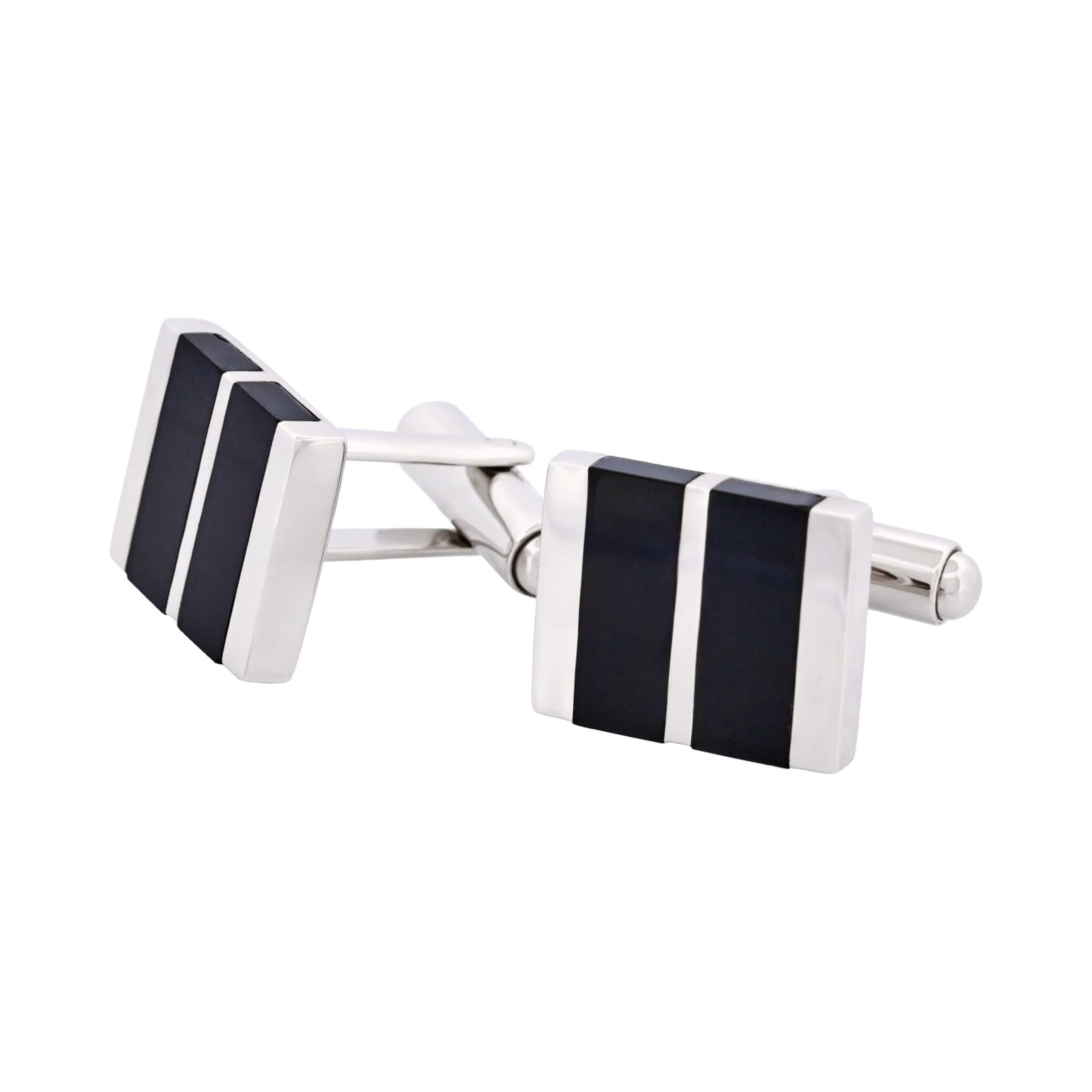 Polished Rhodium Plated Sterling Silver Cufflinks with Double Onyx Inlays