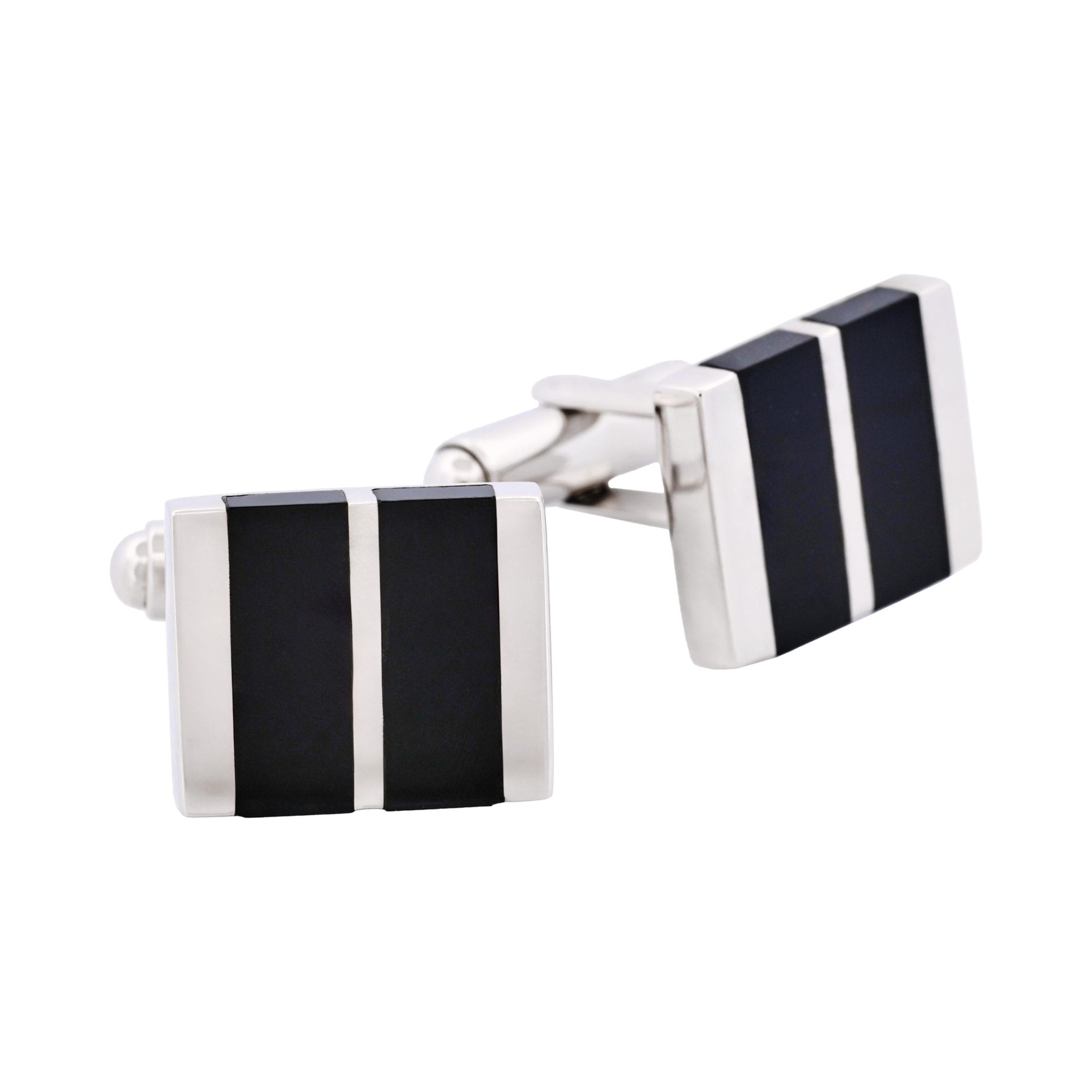 Polished Rhodium Plated Sterling Silver Cufflinks with Double Onyx Inlays