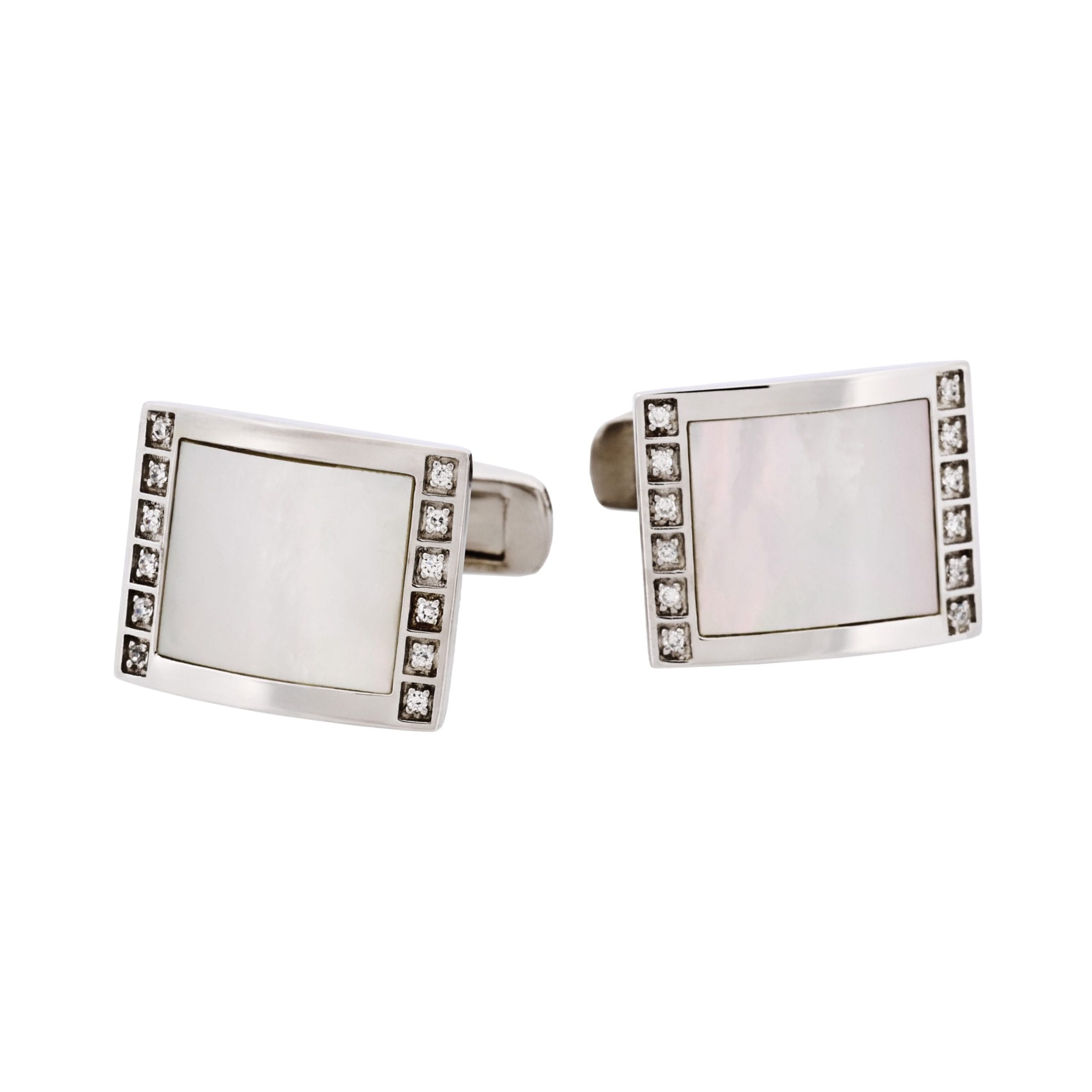 Rhodium Plated Sterling Silver Cufflinks with Square Mother Of Pearl Inlay & Cubic Zirconia Edges
