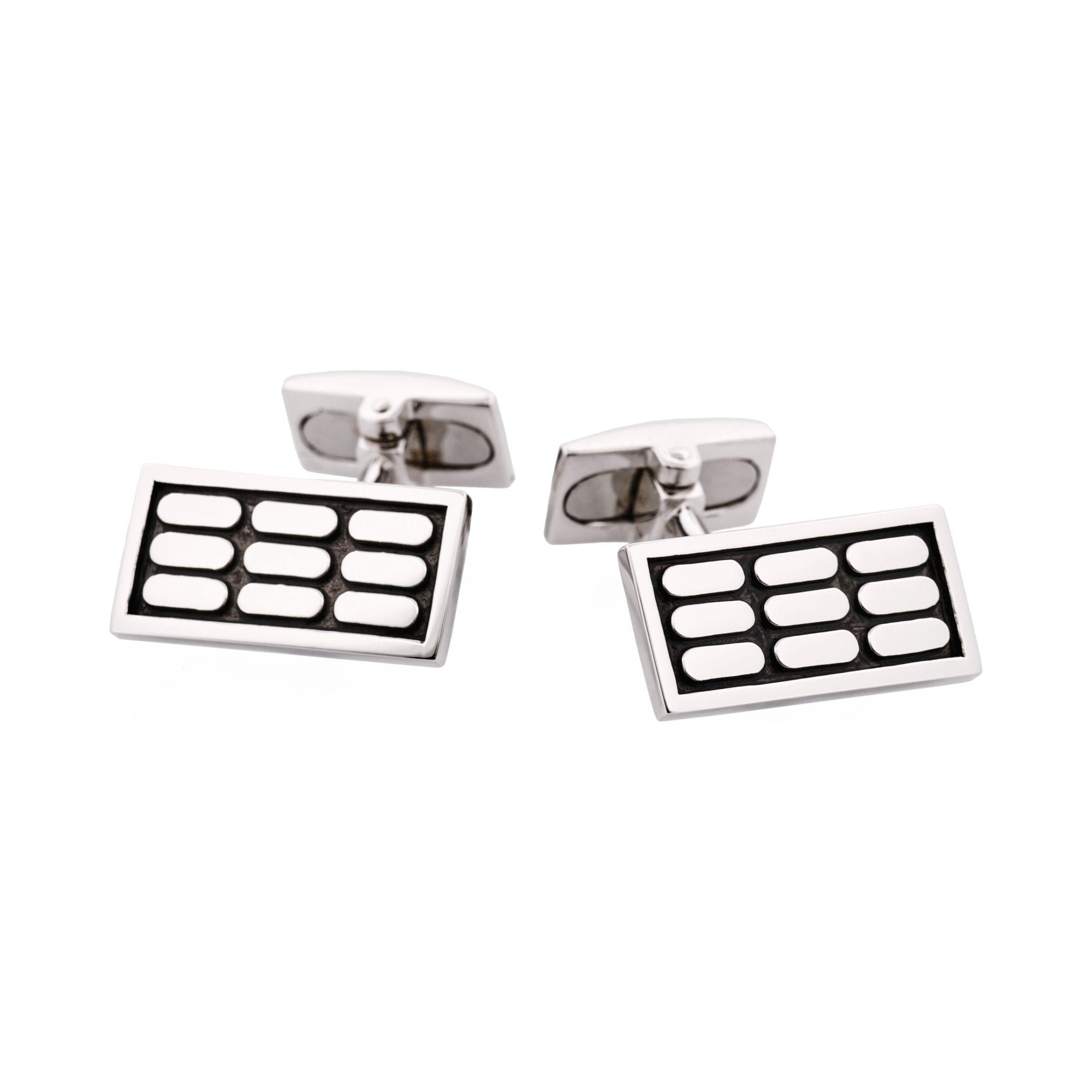 Polished Rhodium Plated Sterling Silver & Black Enamel Rectangle Cufflinks with Vertical Tile Pattern