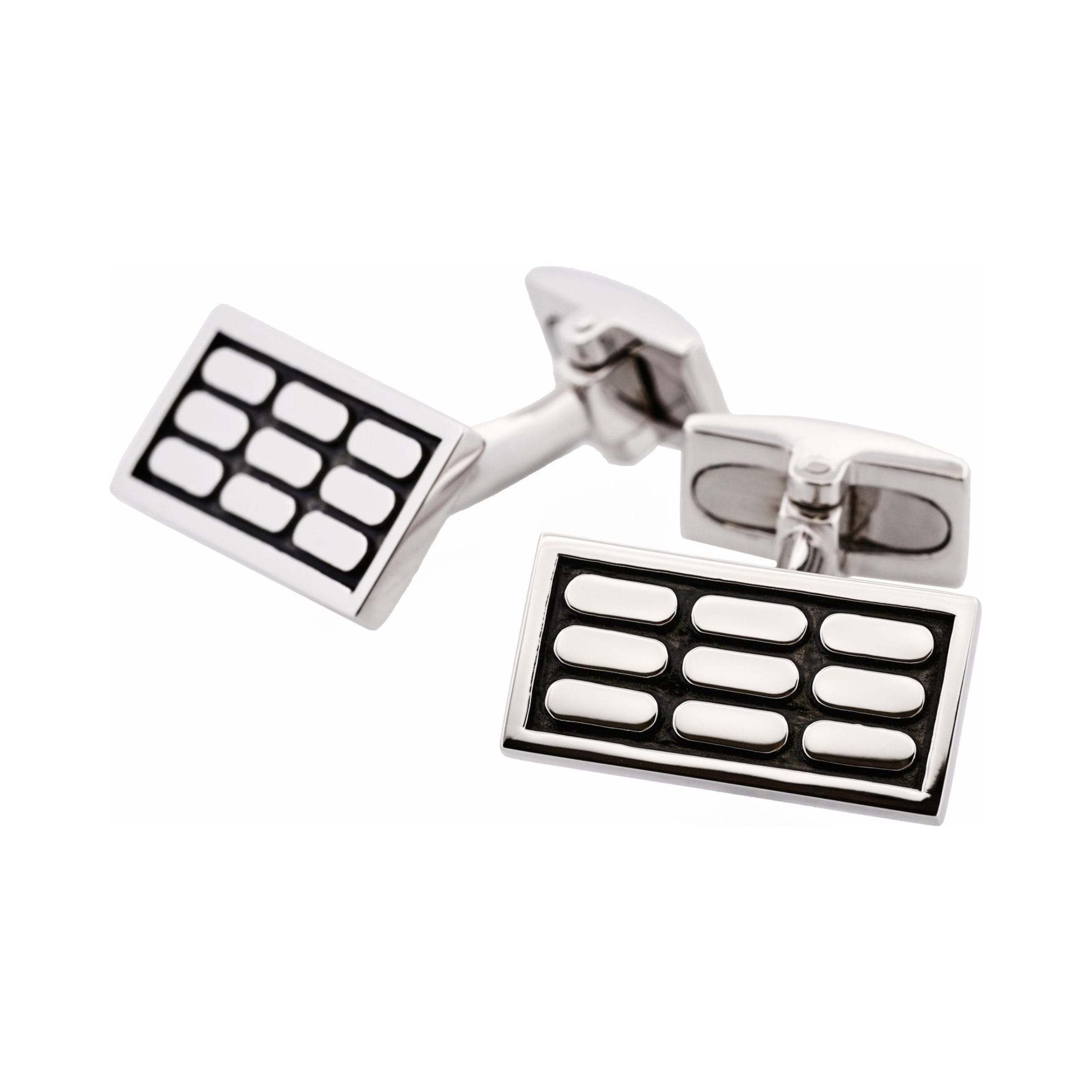 Polished Rhodium Plated Sterling Silver & Black Enamel Rectangle Cufflinks with Vertical Tile Pattern