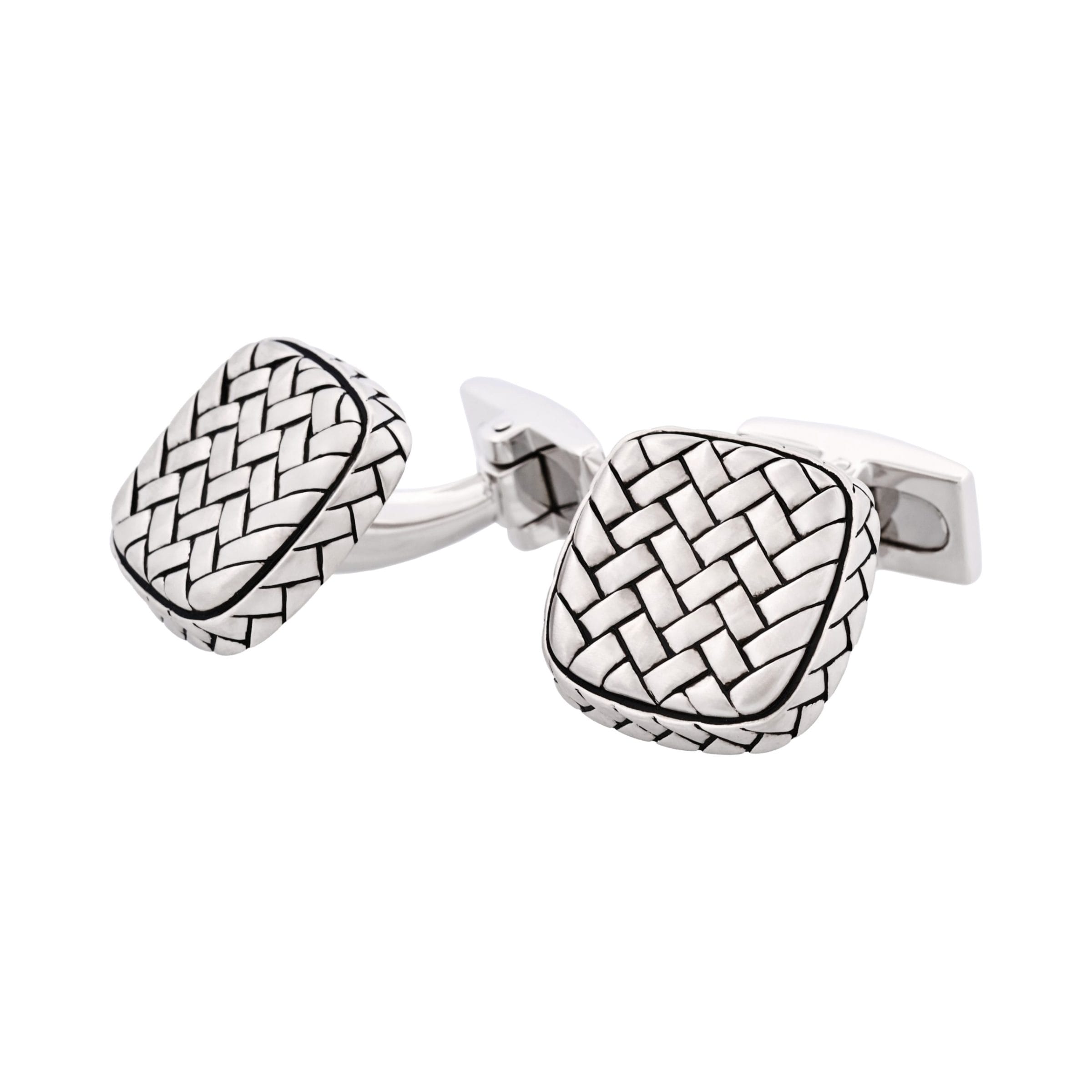 Rhodium Plated Sterling Silver Cushion Shape Weave Cufflinks