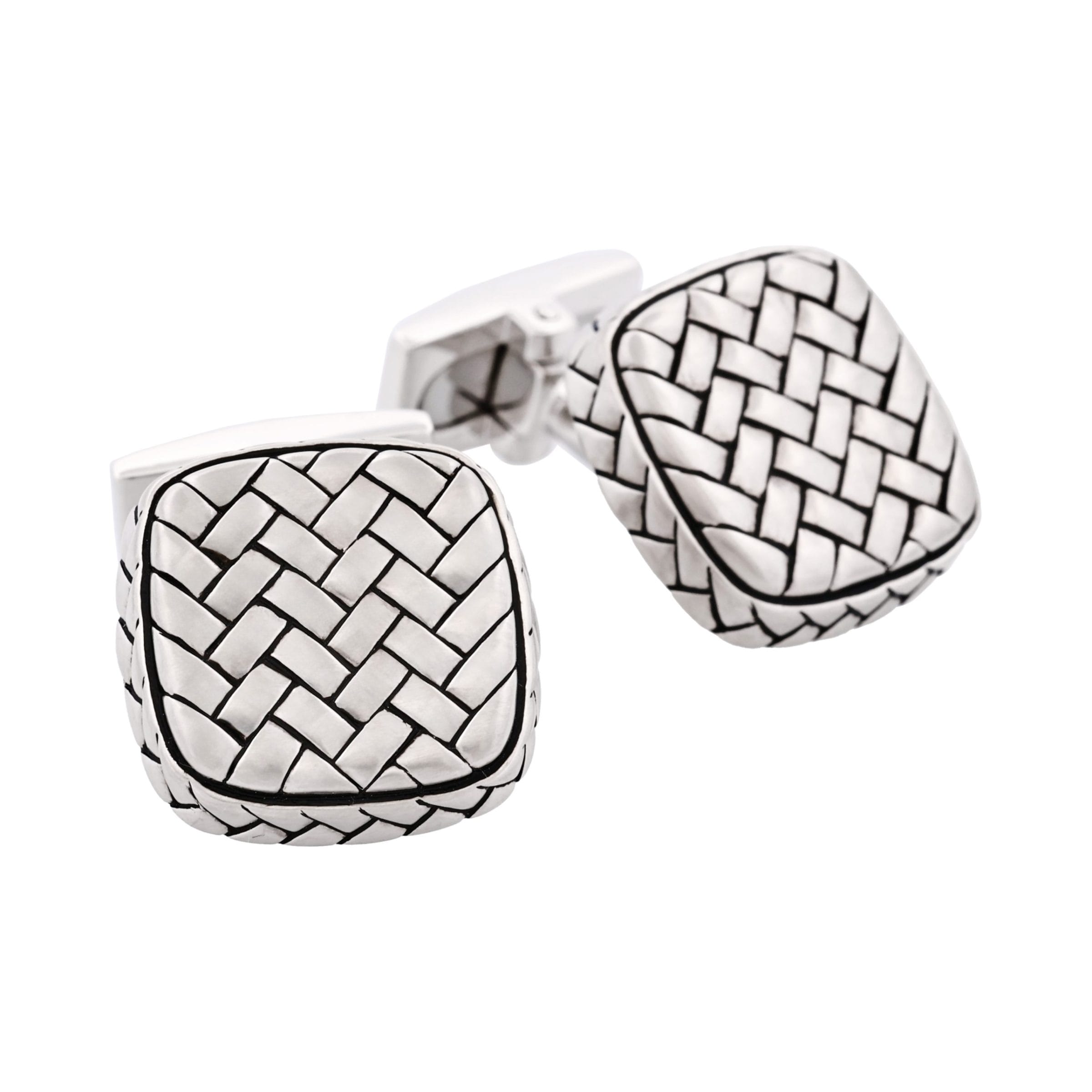 Rhodium Plated Sterling Silver Cushion Shape Weave Cufflinks