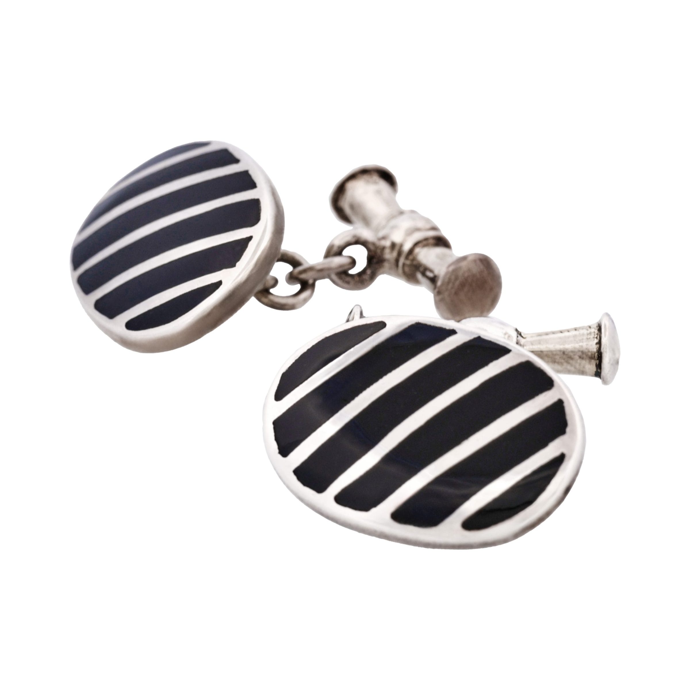 Striped Sterling Silver Oval Cufflinks with Black Lacquer on Chain