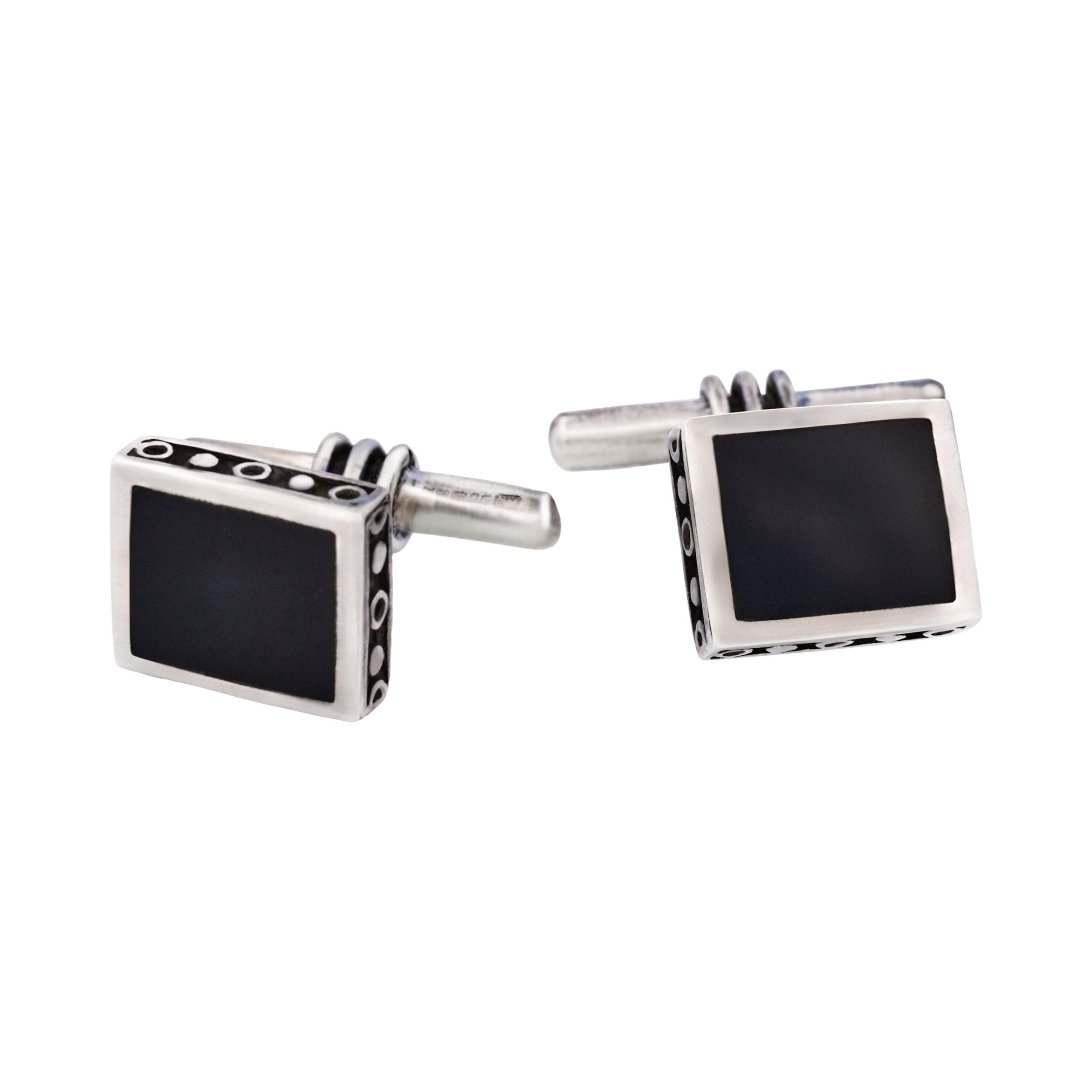 Square Sterling Silver Cufflinks with Onyx Inlay on T-Bar & Chain