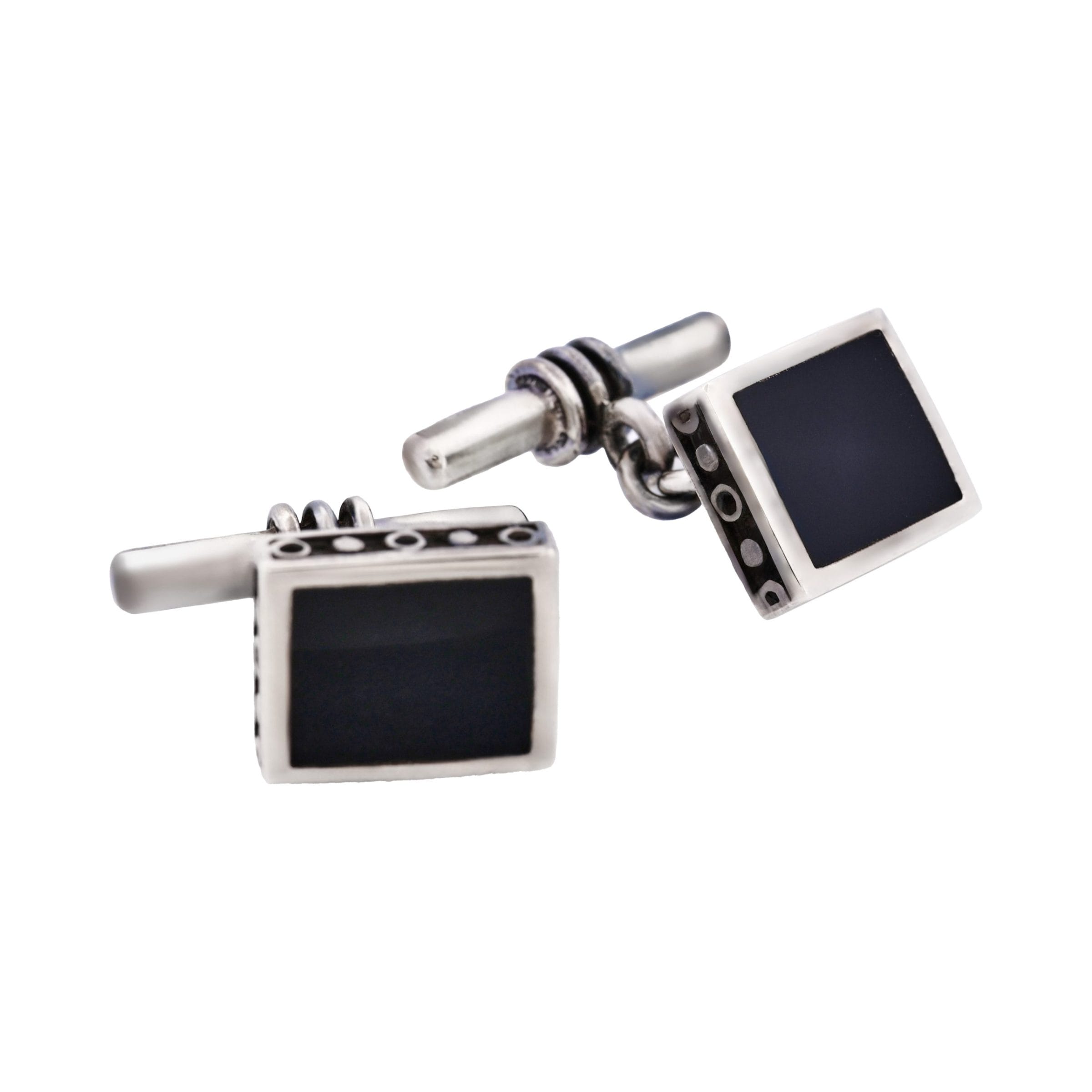 Square Sterling Silver Cufflinks with Onyx Inlay on T-Bar & Chain