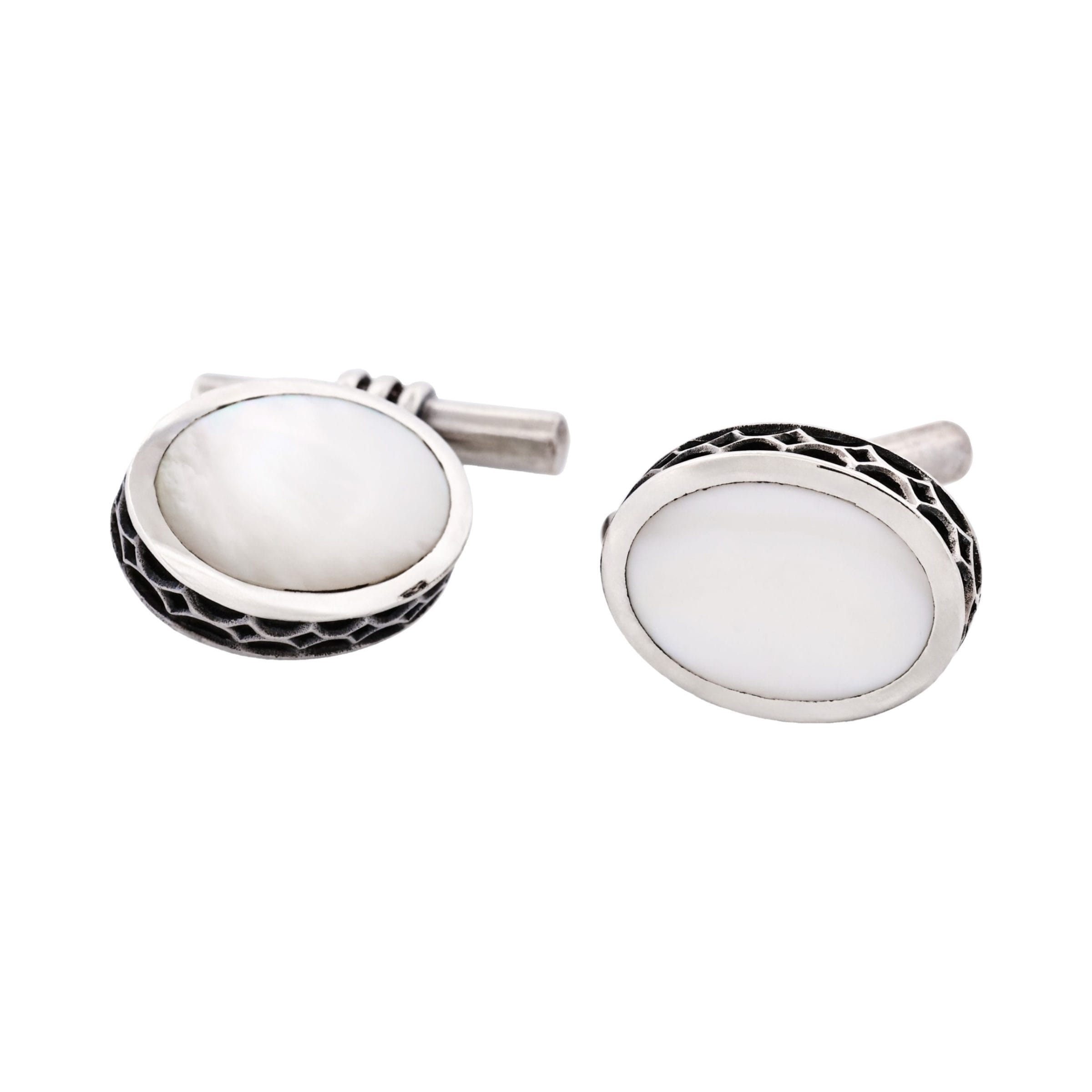 Sterling Silver Oval Cufflinks with Mother Of Pearl Inlay & Vintage Edge on Chain