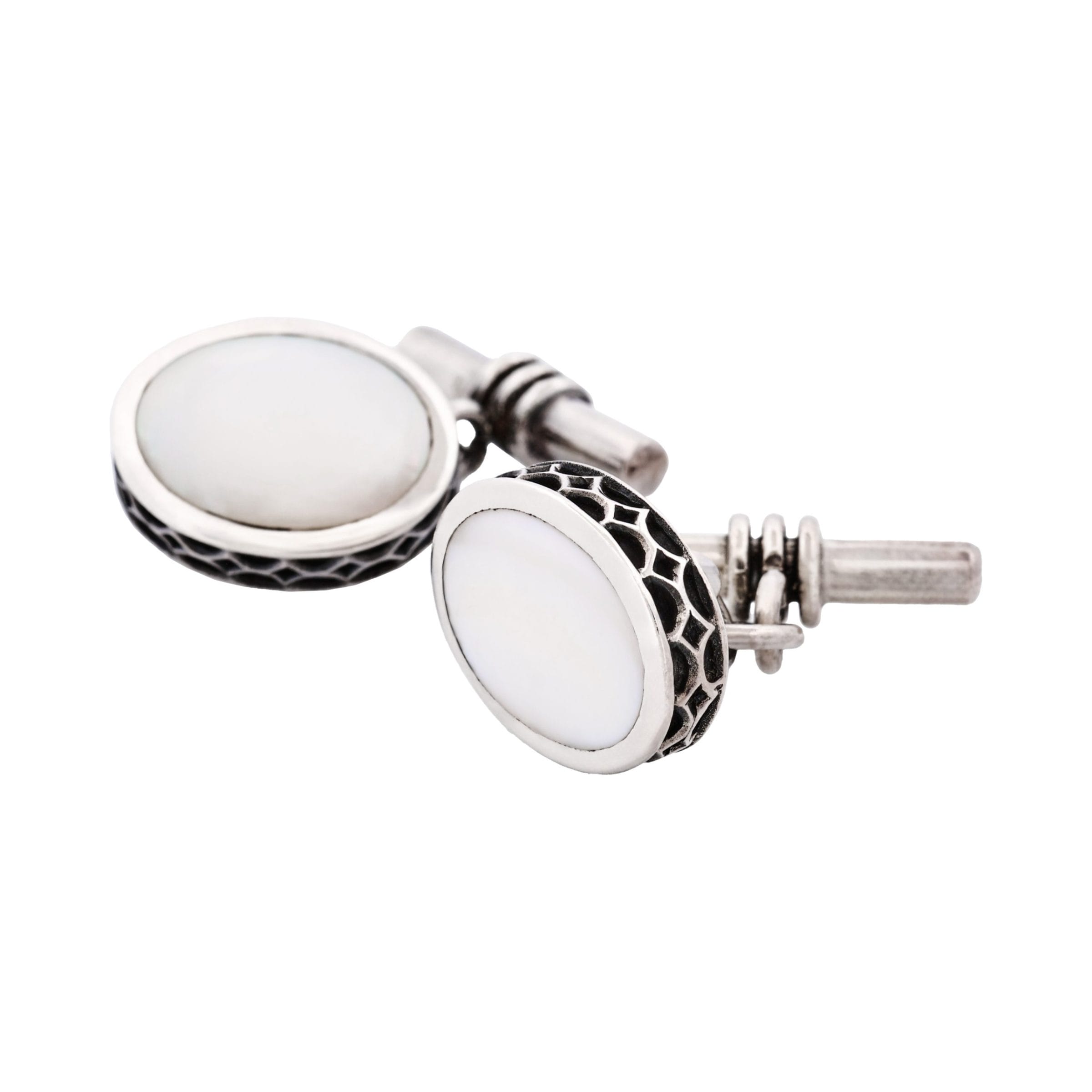 Sterling Silver Oval Cufflinks with Mother Of Pearl Inlay & Vintage Edge on Chain