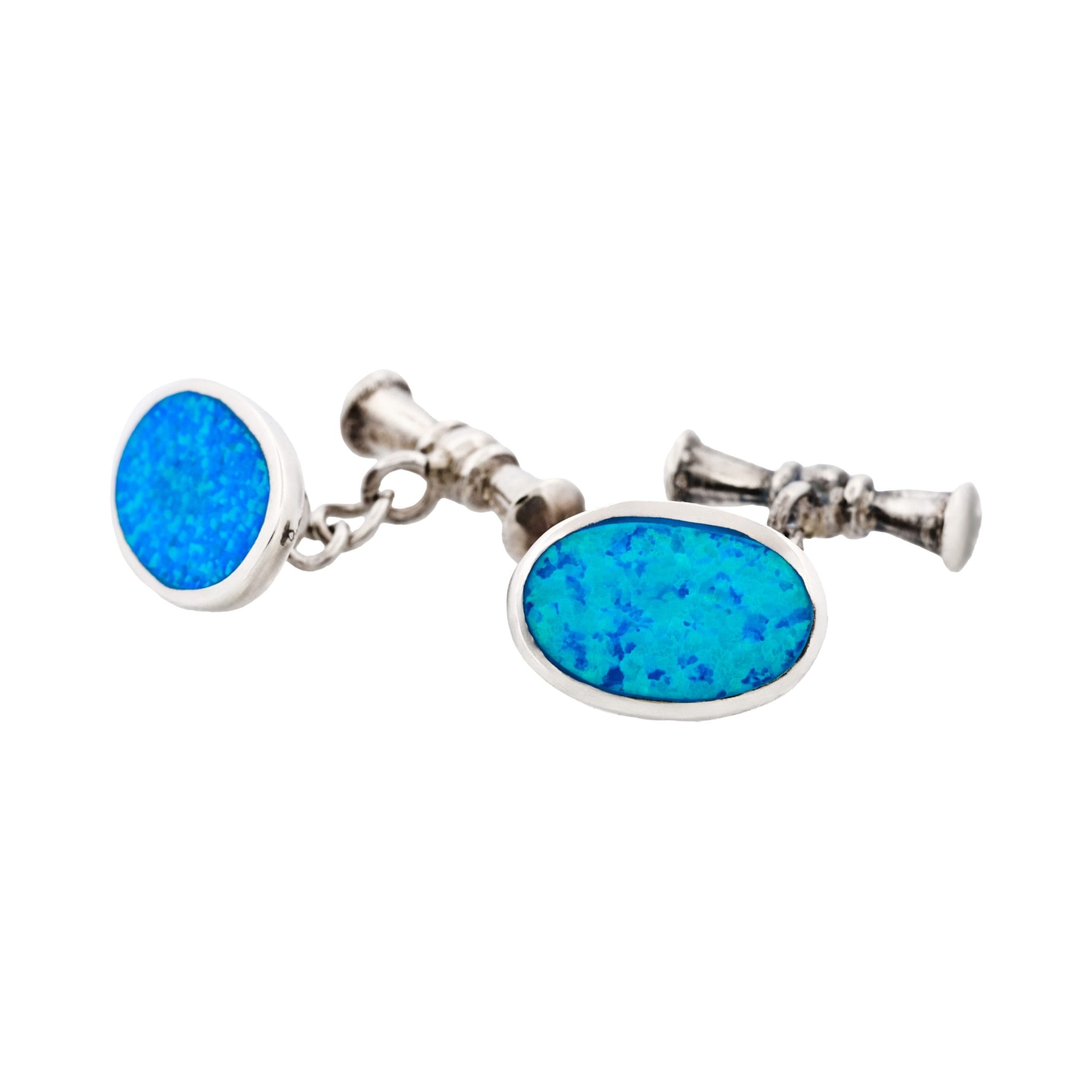 Sterling Silver Oval Cufflinks with Glass Opal Inlay on Chain