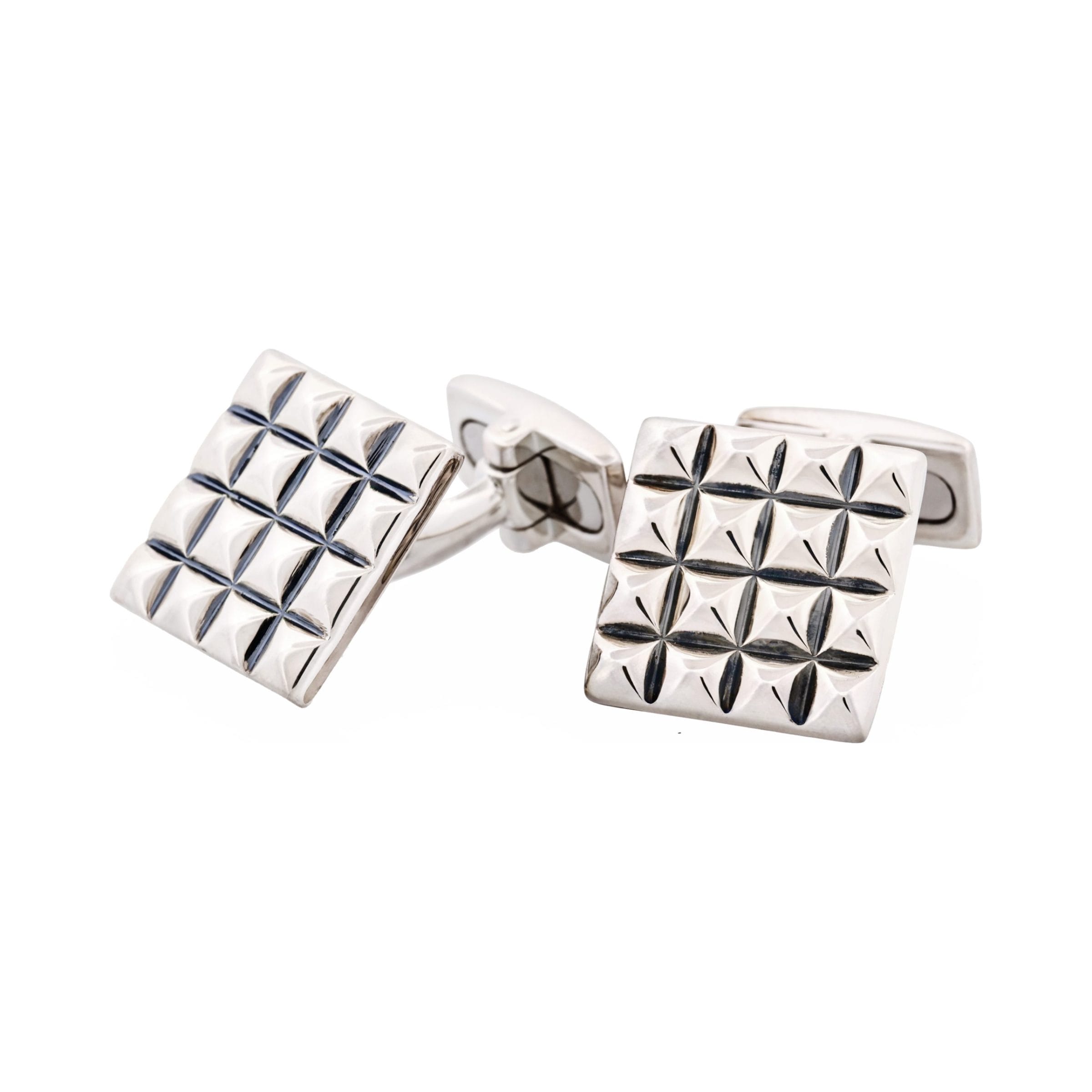 Polished Rhodium Plated Sterling Silver Square Cufflinks with Textured Grid Pattern