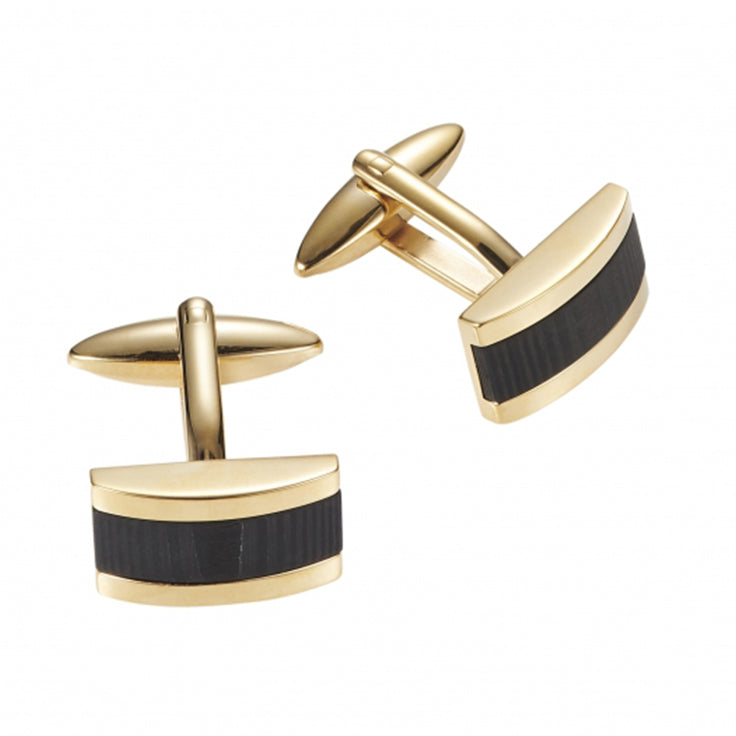 Ion Plated Polished Yellow Gold Cufflinks with Wood Patterned Carbon Fibre Inlay