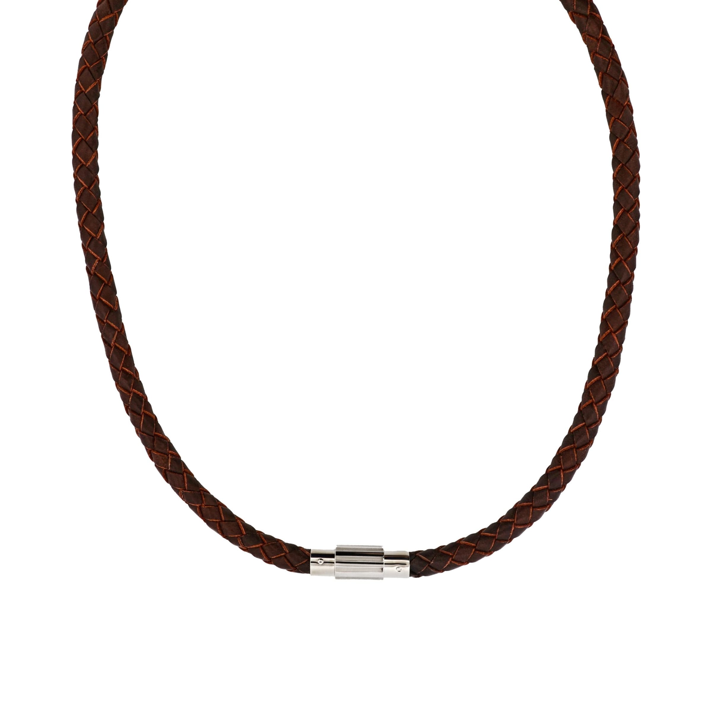 Brown Leather-Stainless Steel Neck Chain