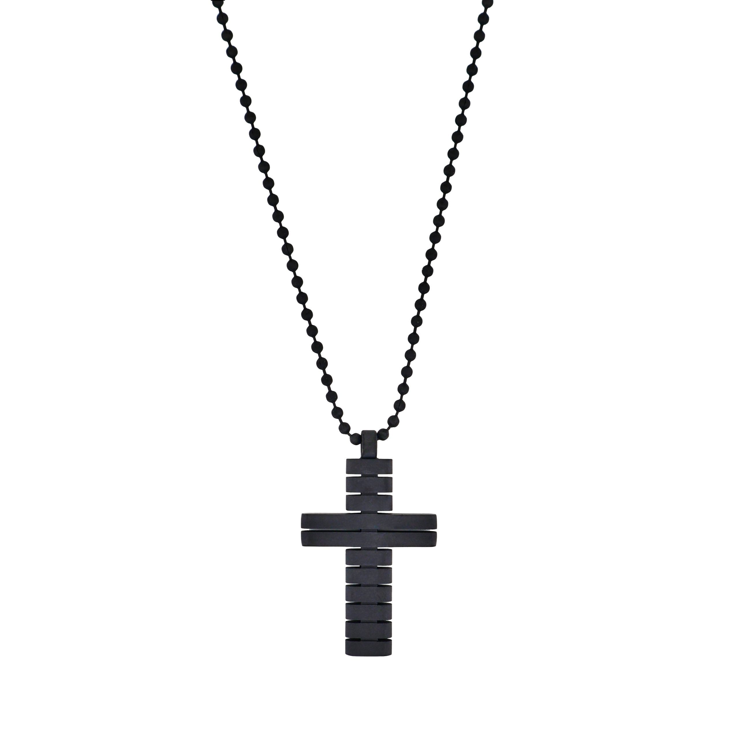 Ion Plated Black Horizontal Stripe Stainless Steel Cross Pendant on Ball Chain