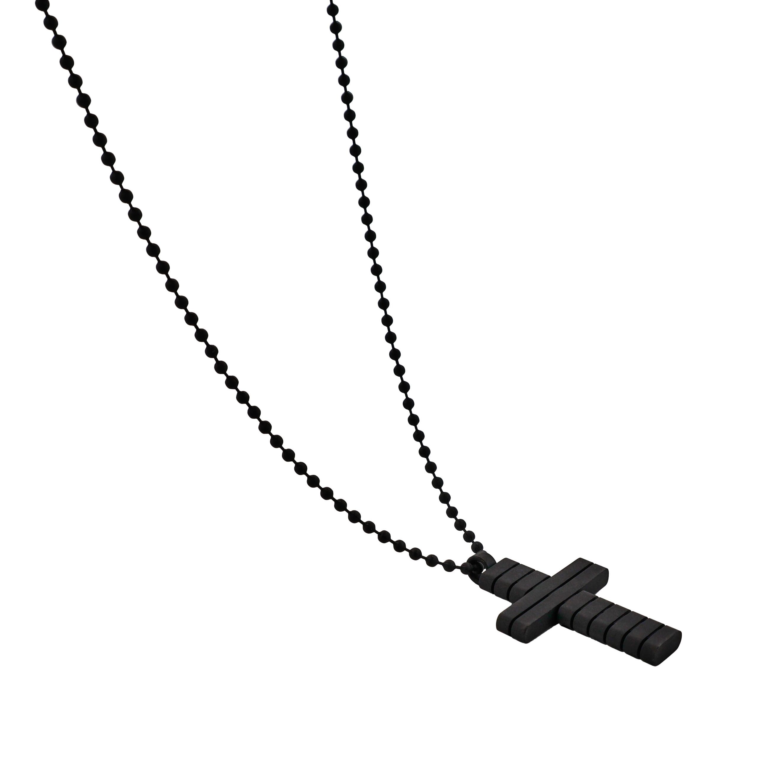 Ion Plated Black Horizontal Stripe Stainless Steel Cross Pendant on Ball Chain