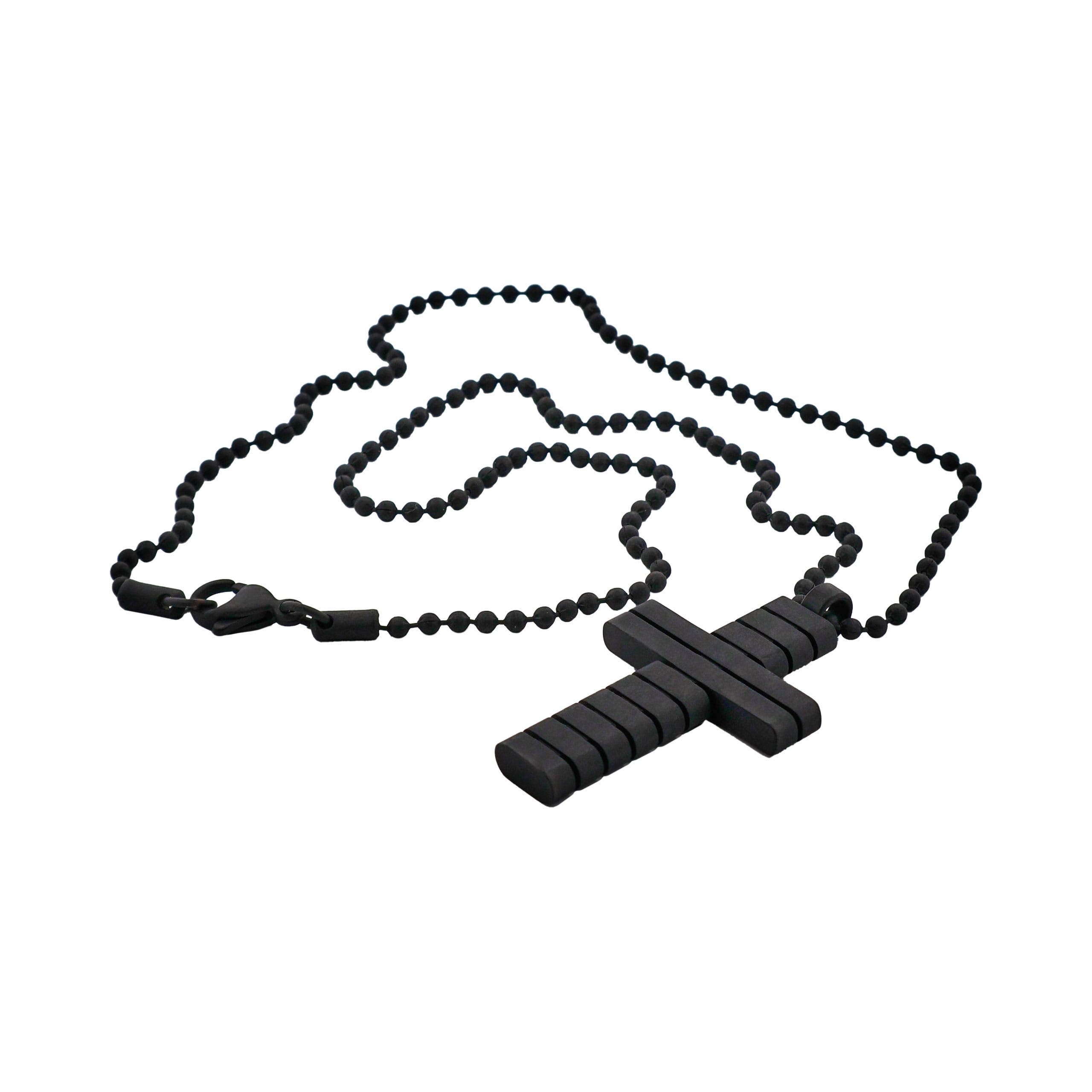 Ion Plated Black Horizontal Stripe Stainless Steel Cross Pendant on Ball Chain