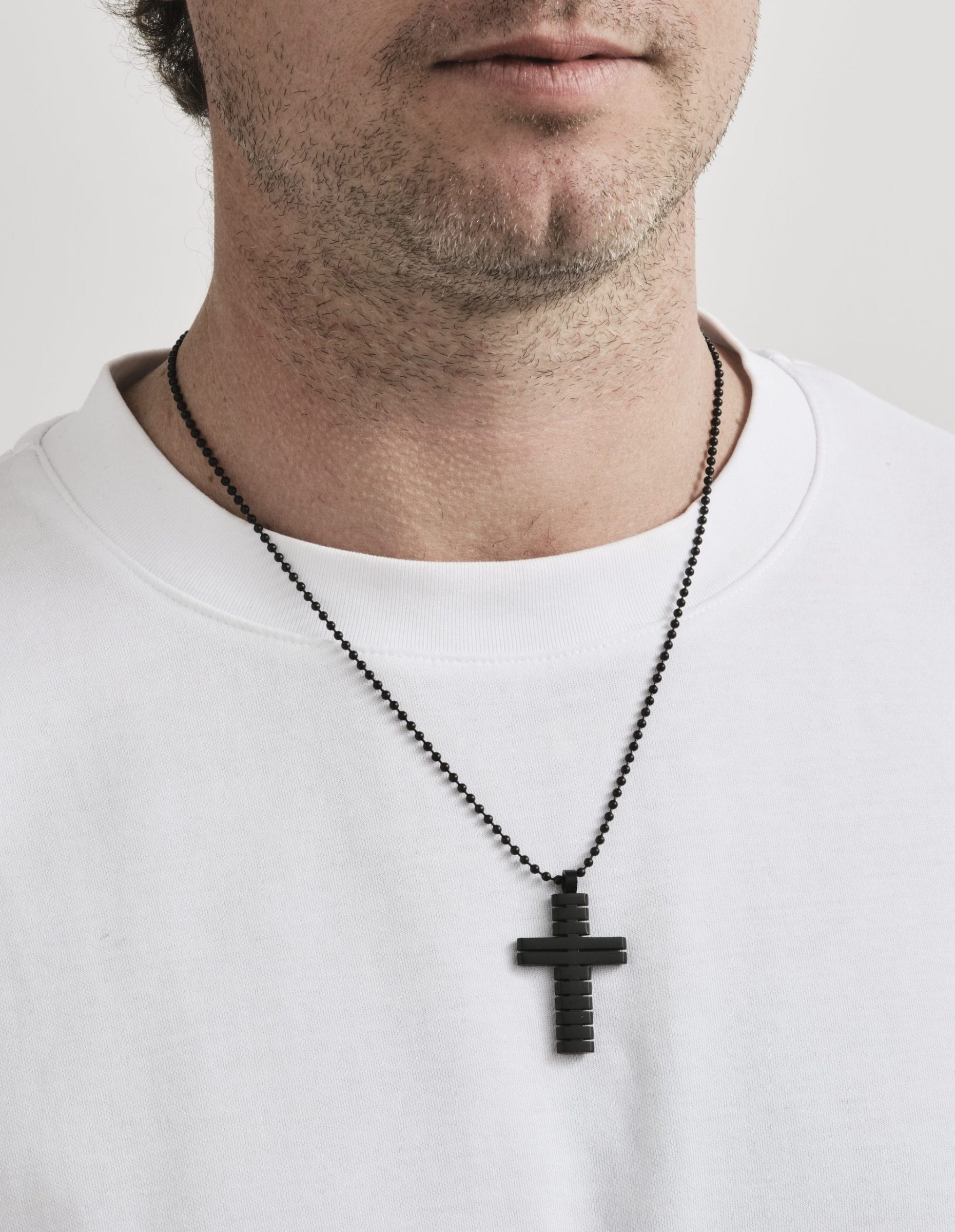 Ion Plated Black Horizontal Stripe Stainless Steel Cross Pendant on Ball Chain