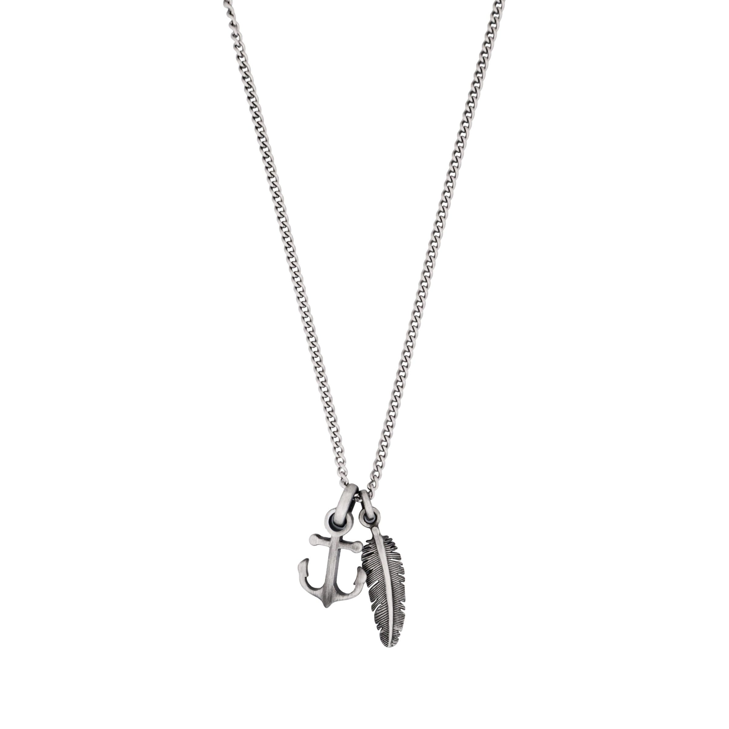 Antique Ion Plated - Anchor & Feather Pendant on Fine Curb Link Chain