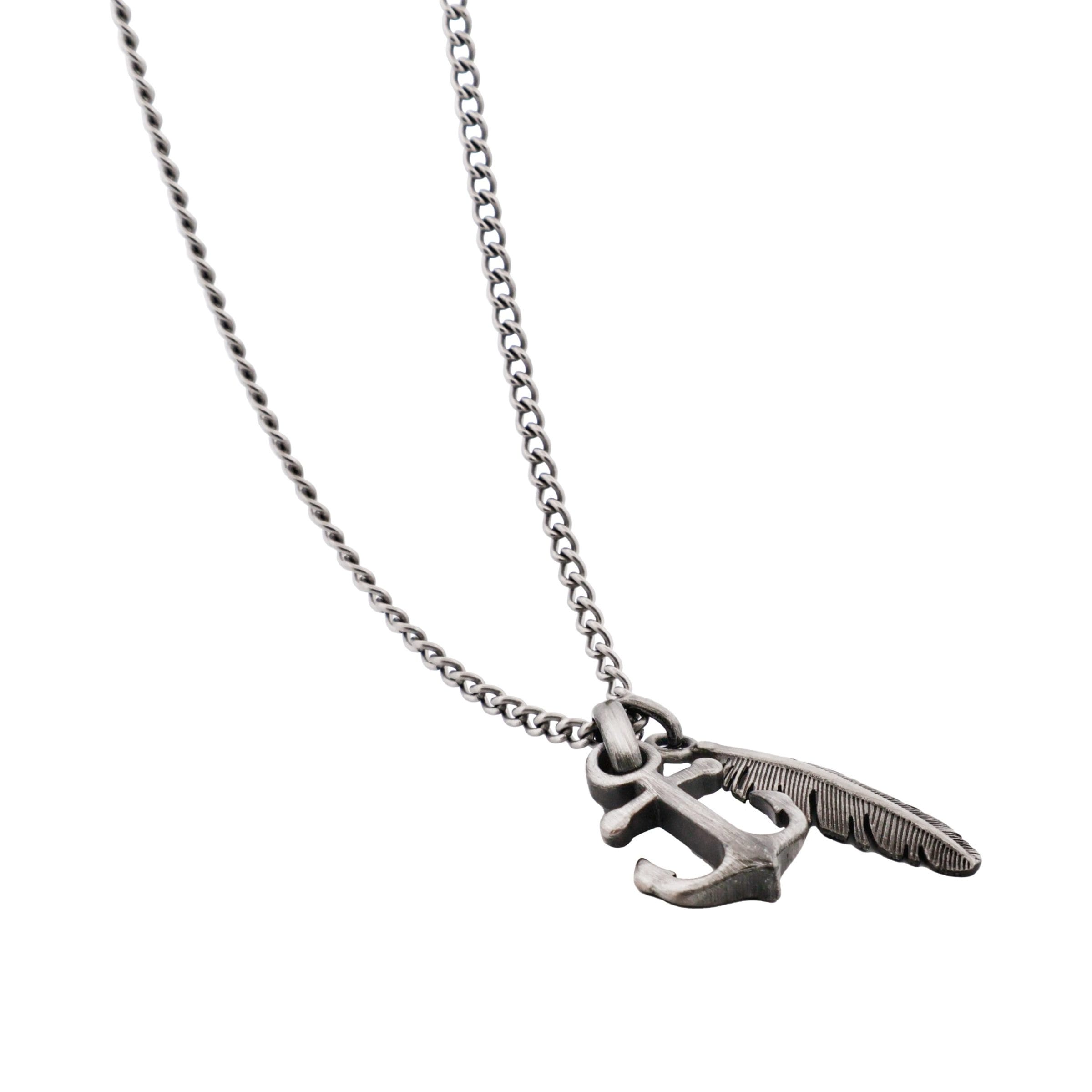 Antique Ion Plated - Anchor & Feather Pendant on Fine Curb Link Chain