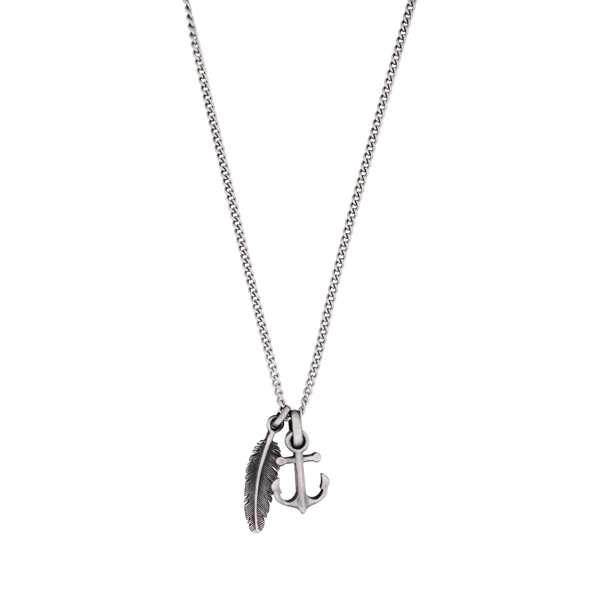 Antique Ion Plated - Anchor & Feather Pendant on Fine Curb Link Chain