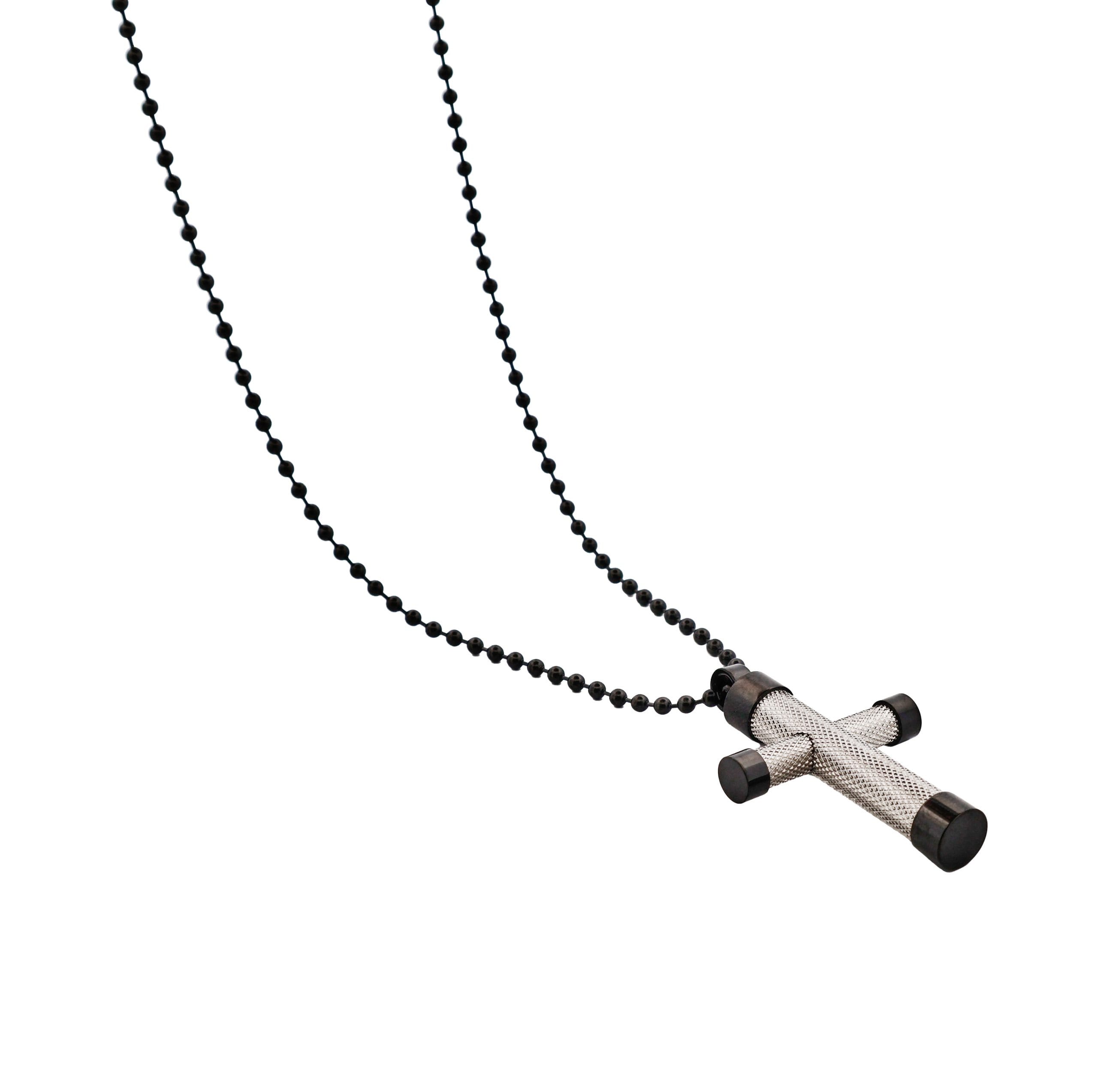 Ion Plated Polished Black & Textured Stainless Steel Cross Pendant withIon Plated Black 55cm Ball Chain