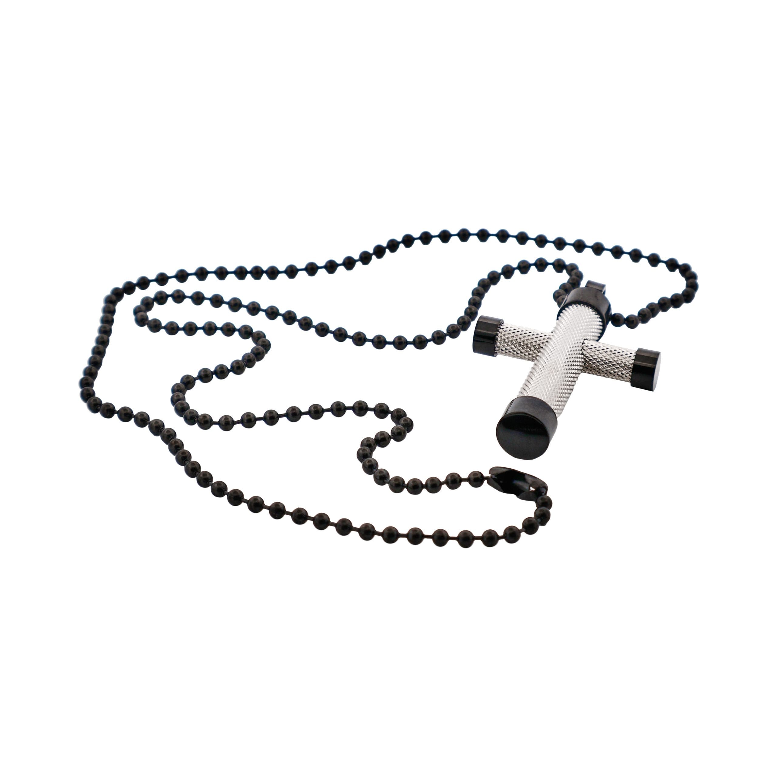 Ion Plated Polished Black & Textured Stainless Steel Cross Pendant withIon Plated Black 55cm Ball Chain