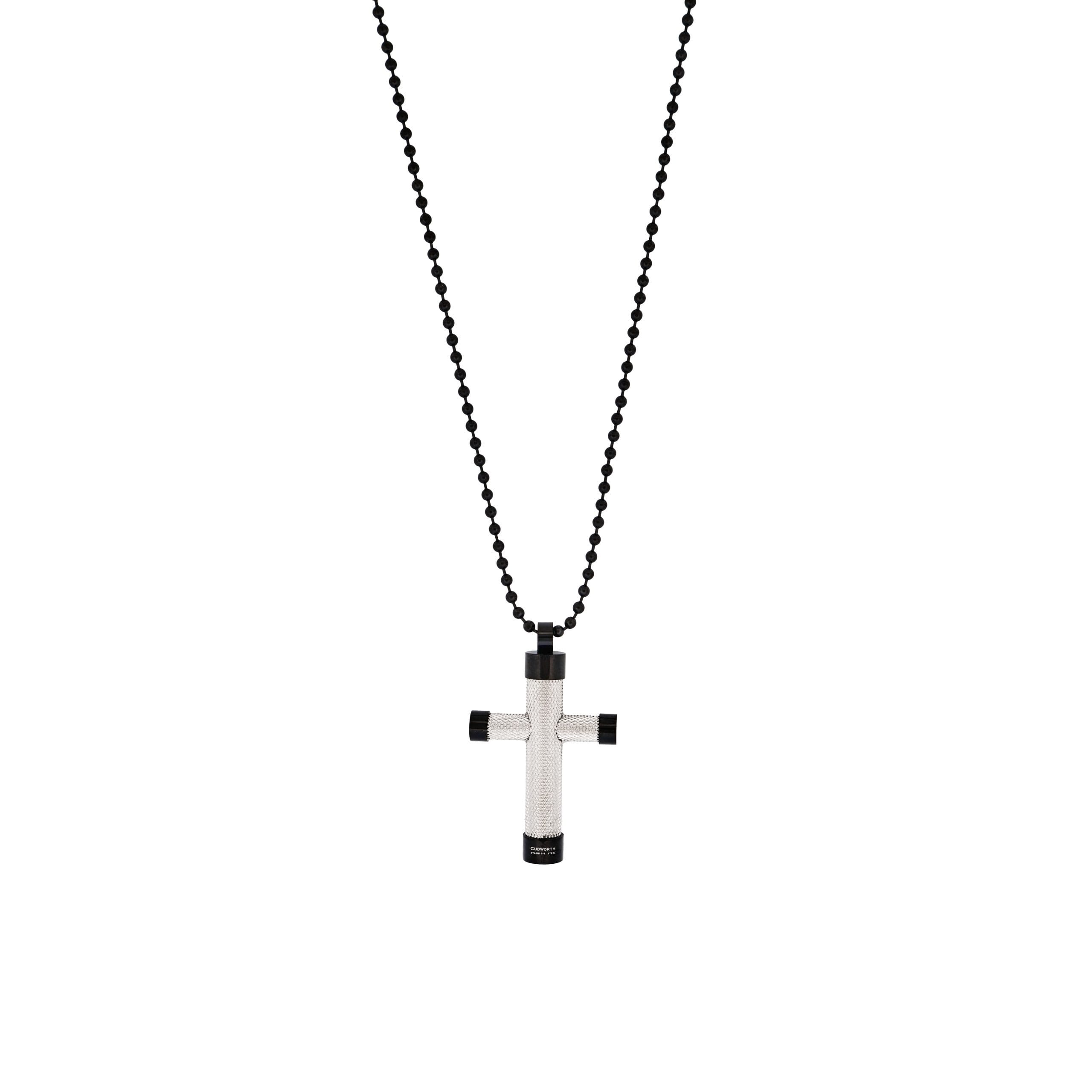 Ion Plated Polished Black & Textured Stainless Steel Cross Pendant withIon Plated Black 55cm Ball Chain