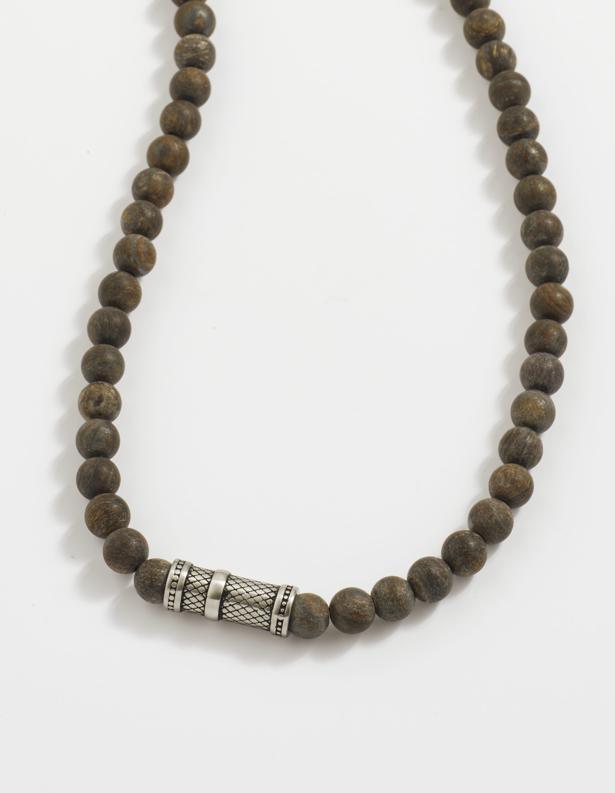 Bronzite Stone Necklace with Ion Plated Black Lattice Pattern Stainless Steel