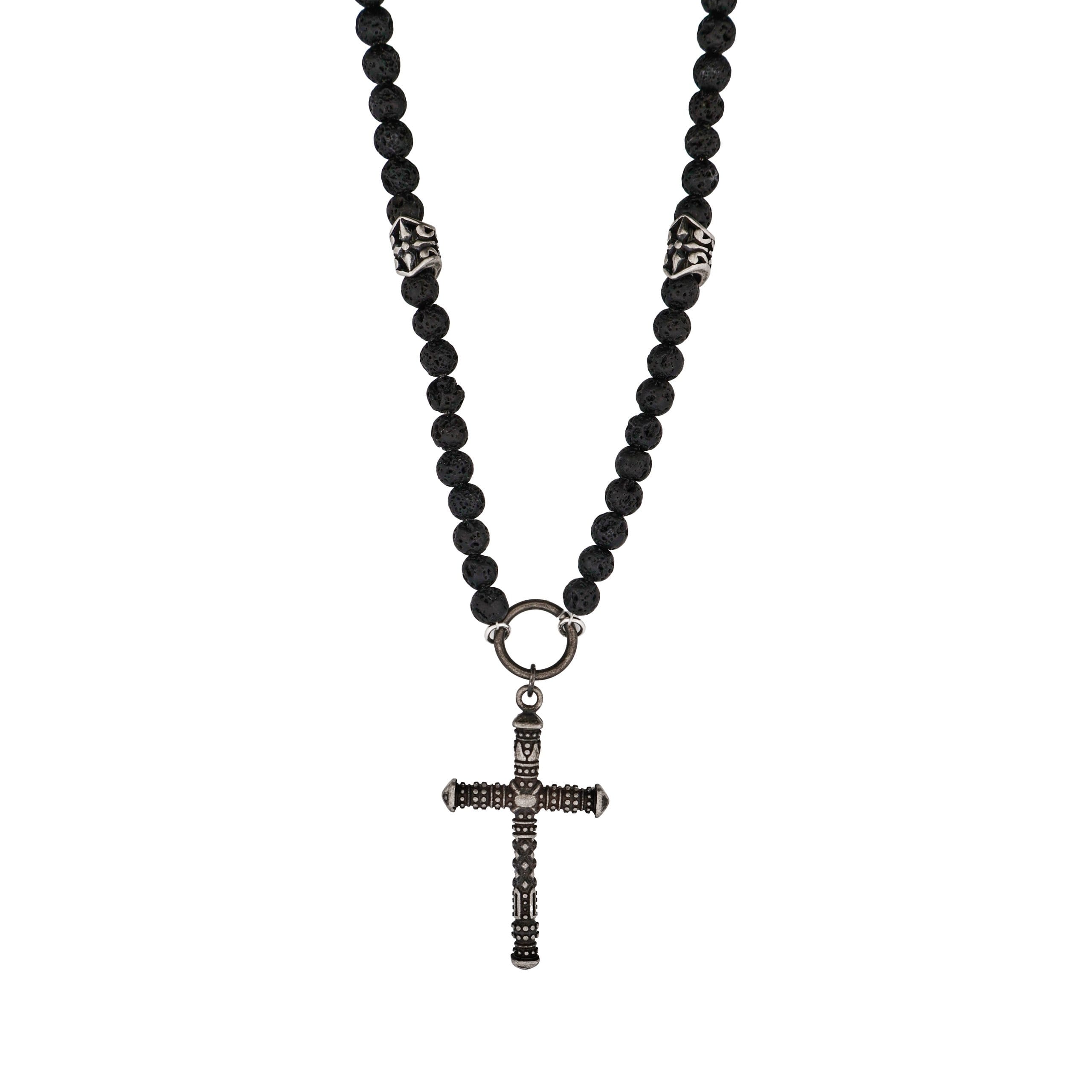 Stainless Steel Antique Plated Cross & Lava Rock Bead Neck Chain