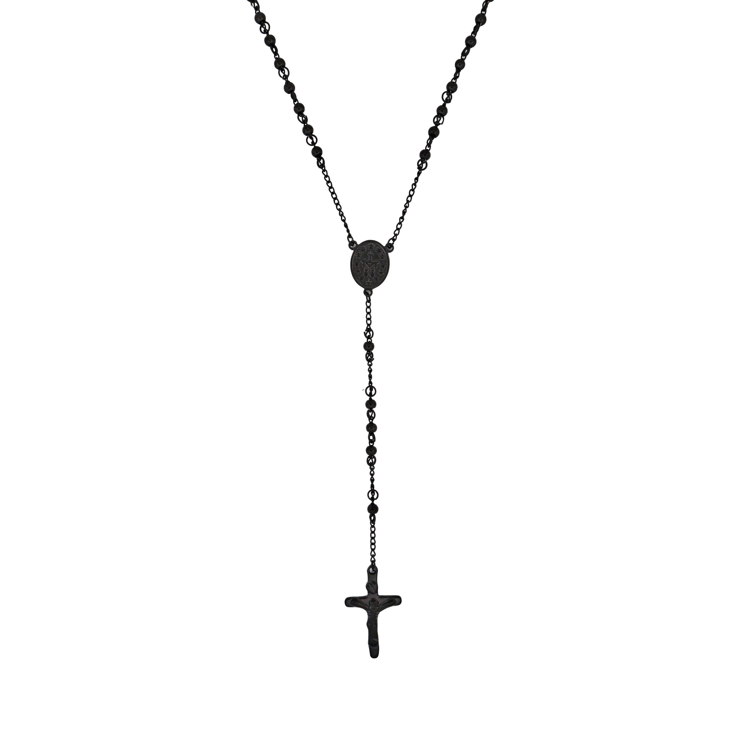 Ion Plated Black Stainless Steel & Black Agate Rosary Bead Cross Pendant