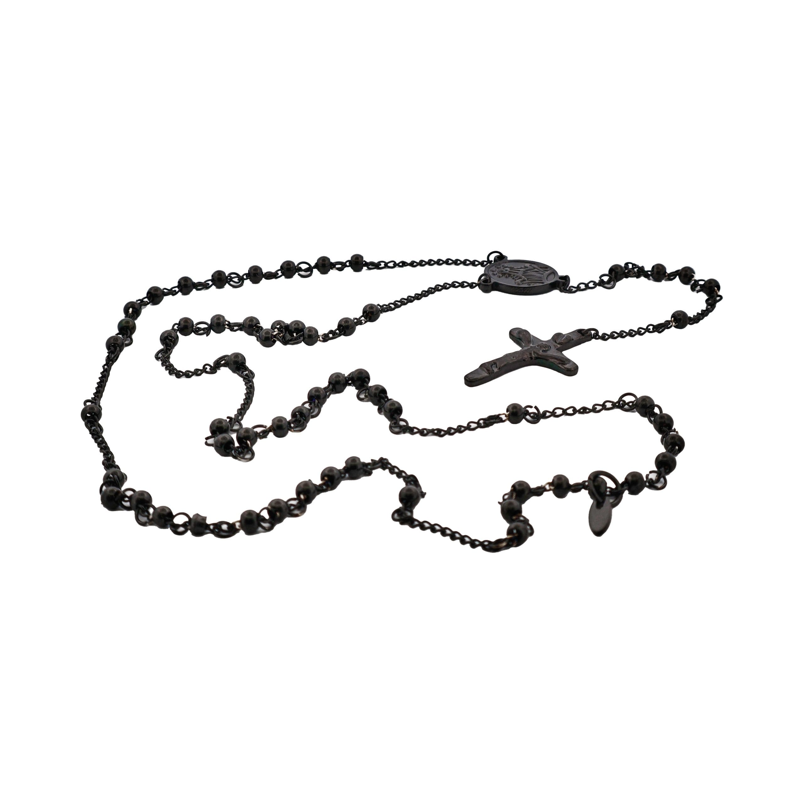 Ion Plated Black Stainless Steel & Black Agate Rosary Bead Cross Pendant