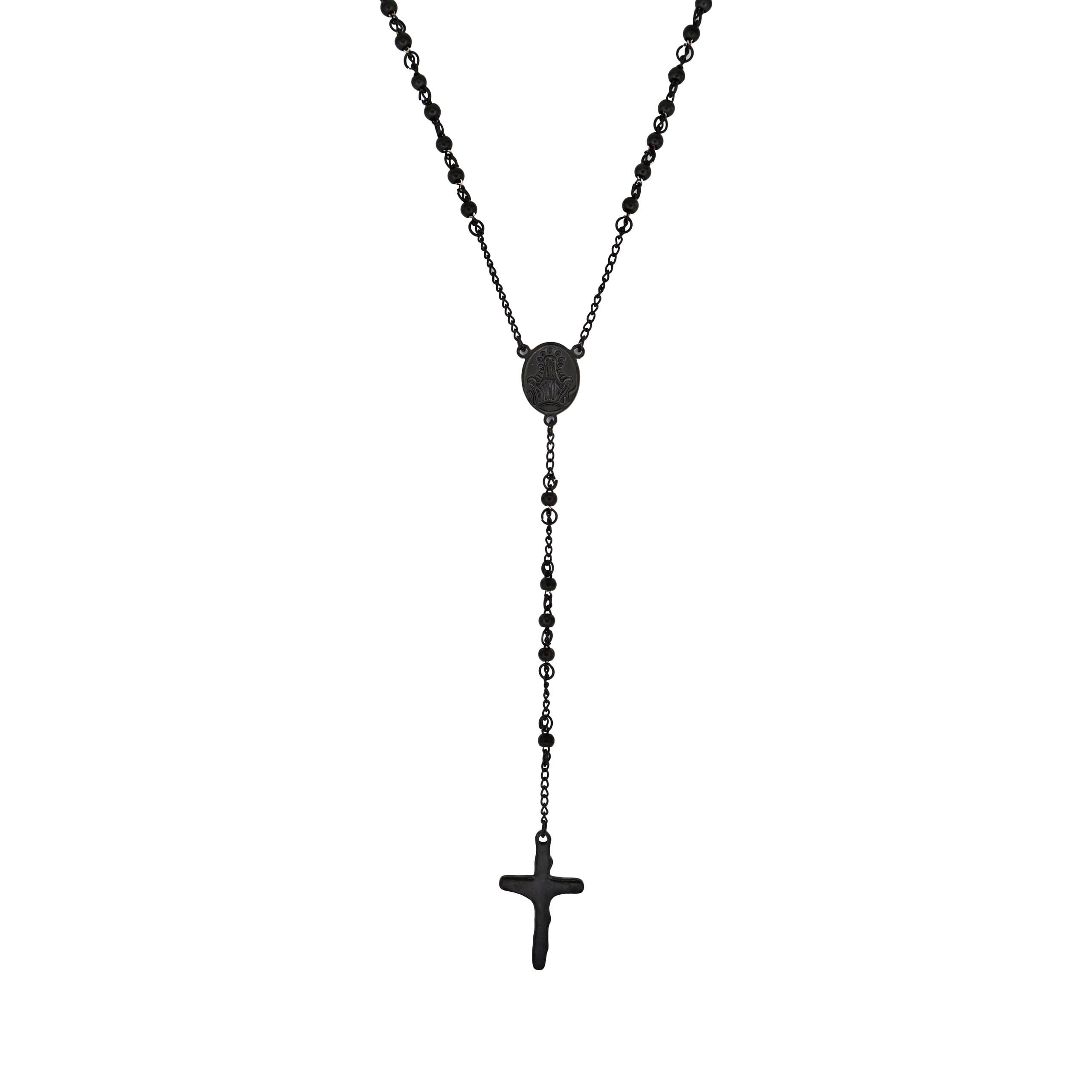 Ion Plated Black Stainless Steel & Black Agate Rosary Bead Cross Pendant
