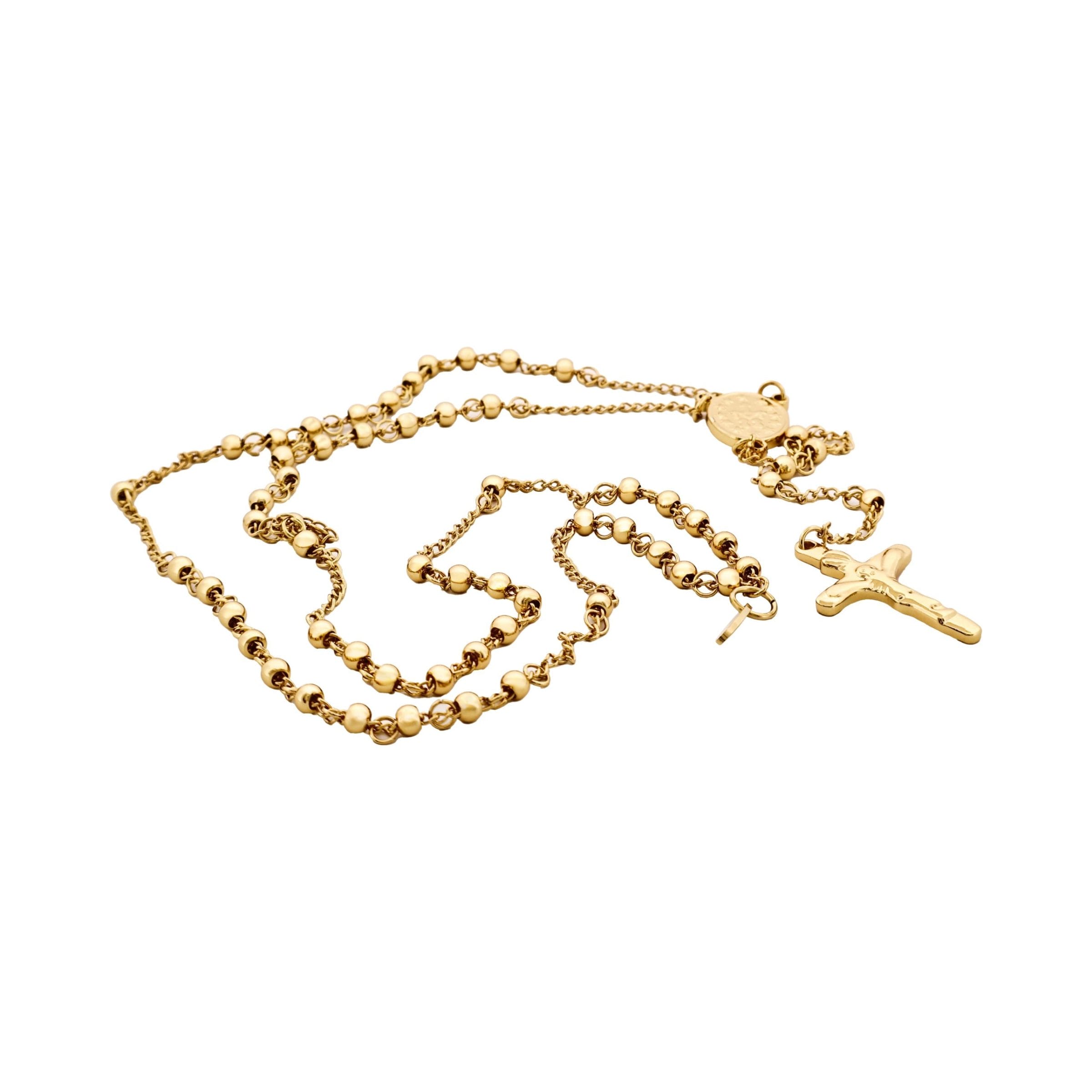 Ion Plated 14k Yellow Gold Stainless Steel Rosary Bead Cross Pendant
