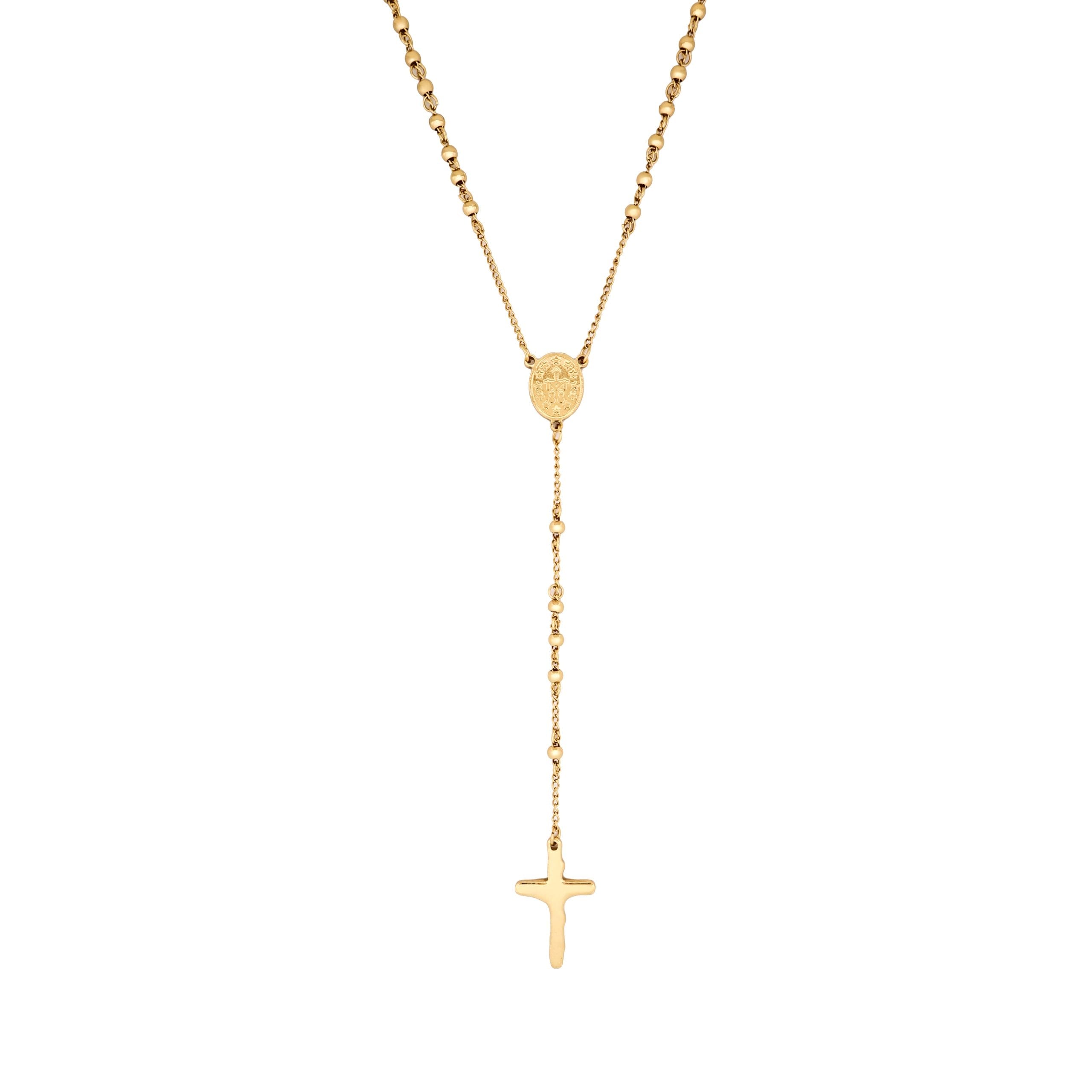 Ion Plated 14k Yellow Gold Stainless Steel Rosary Bead Cross Pendant