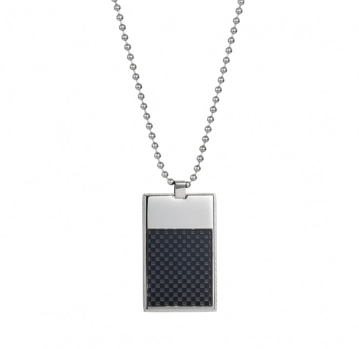 Polished Stainless Steel Dog Tag Pendant with Ion Plated Black Checkerboard Inlay on Ball Chain