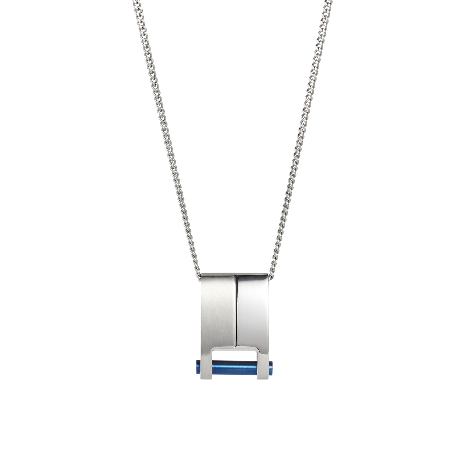 Brushed & Polished Stainless Steel & Ion Plated Blue Pendant on Curbed Link Chain