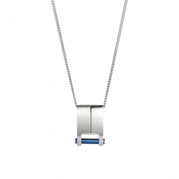 Brushed & Polished Stainless Steel & Ion Plated Blue Pendant on Curbed Link Chain