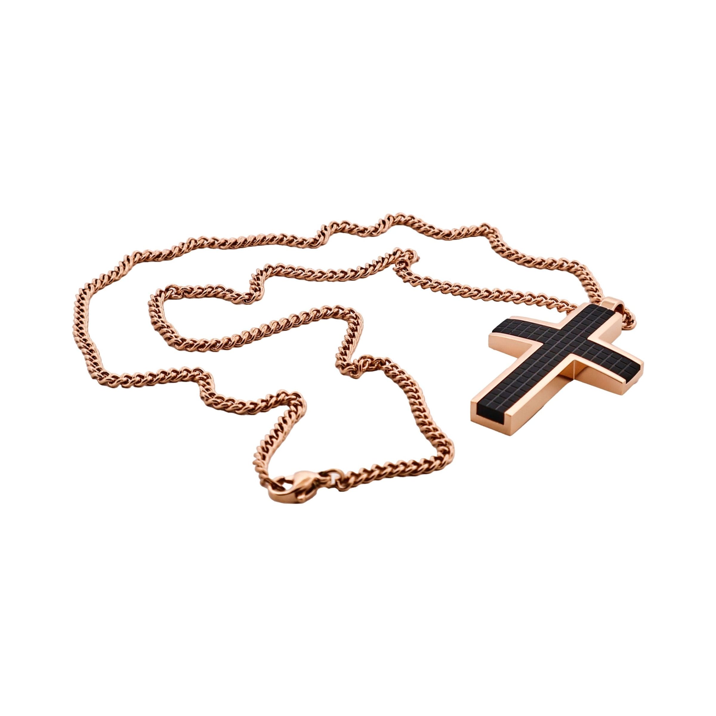 Ion Plated Rose Gold & Black Chequered Inlay Cross OnIon Plated Rose Gold Curbed Link Chain