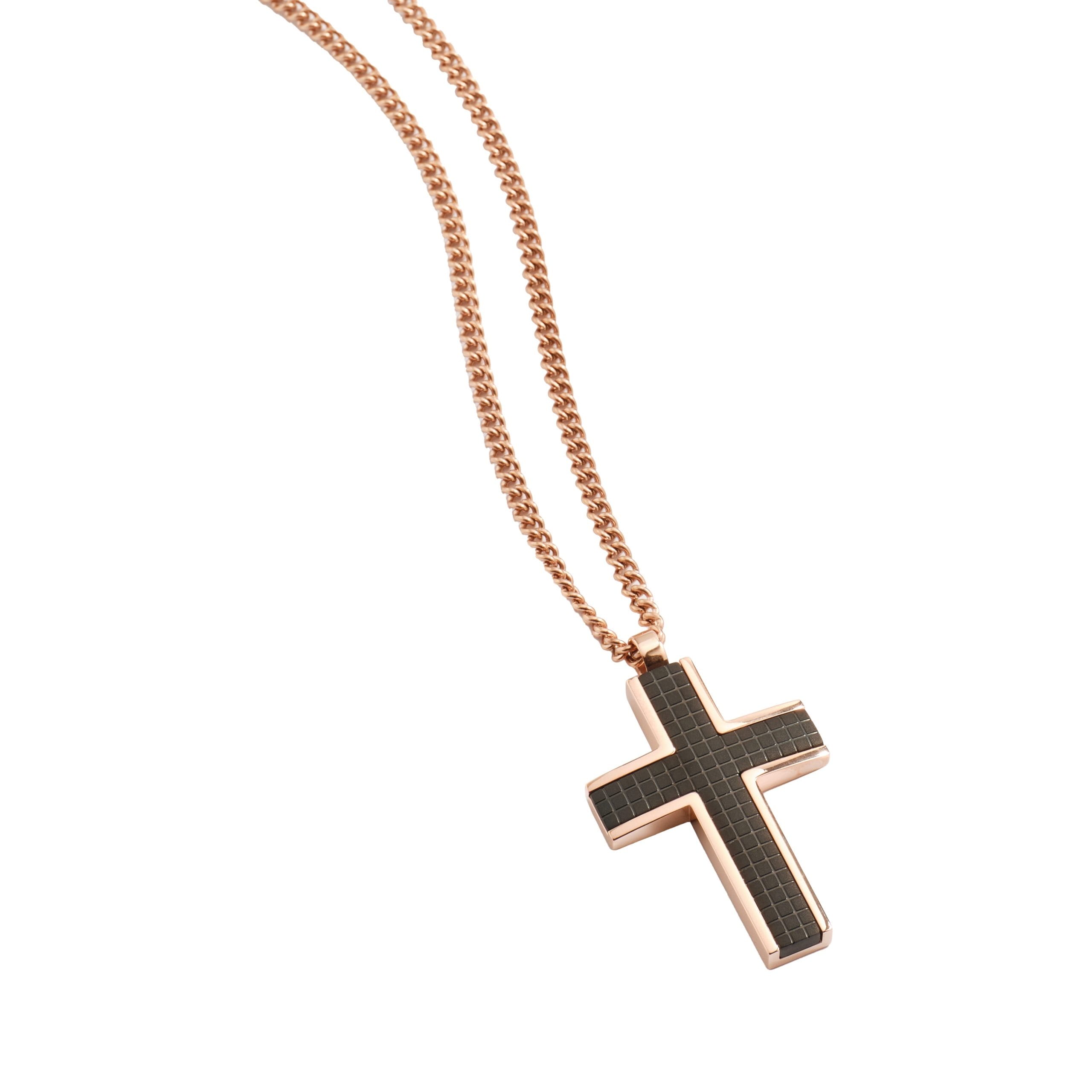 Ion Plated Rose Gold & Black Chequered Inlay Cross OnIon Plated Rose Gold Curbed Link Chain